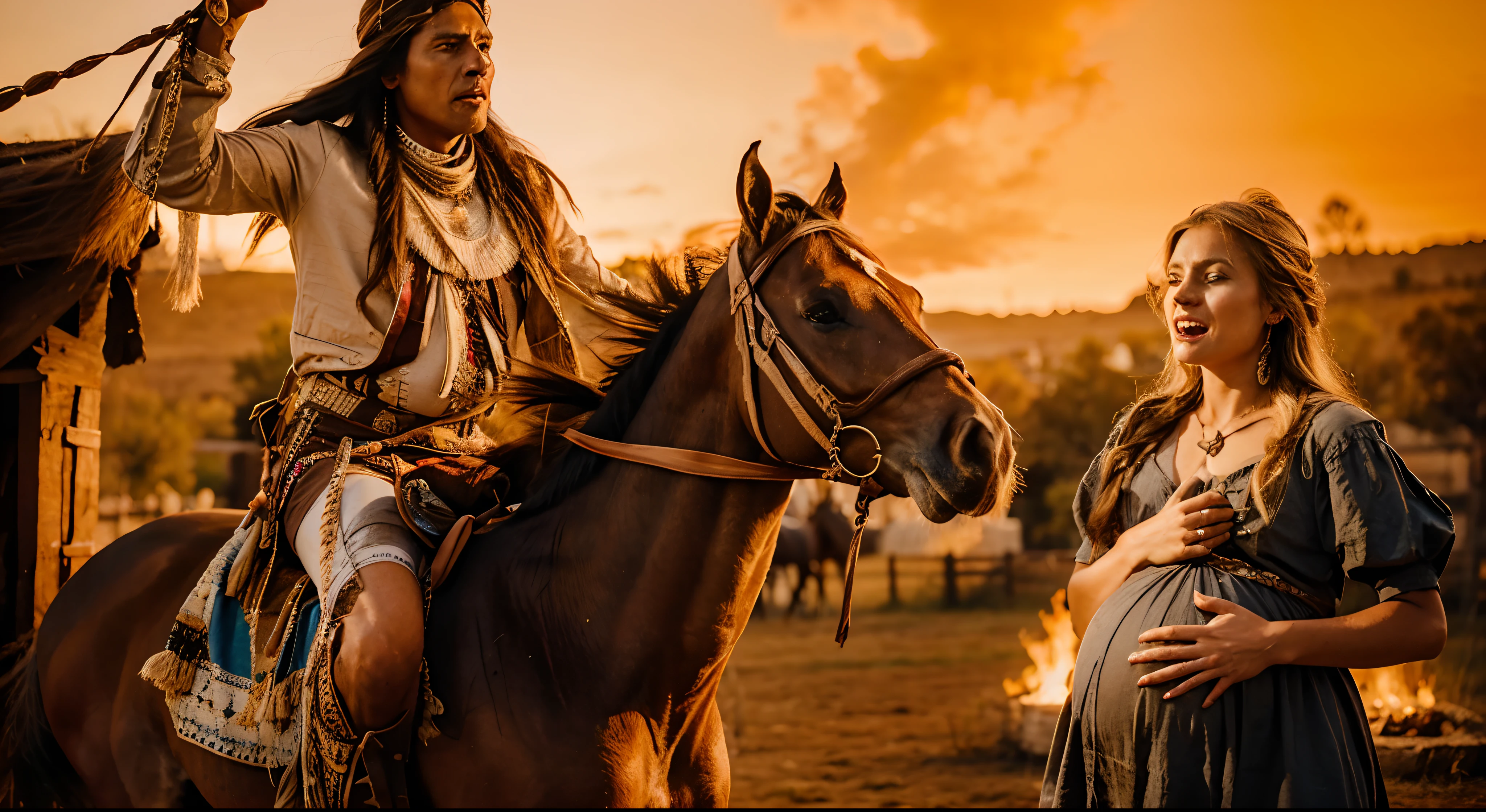 Comanche Indian on top of his horse, A pregnant European blonde is afraid of him screaming