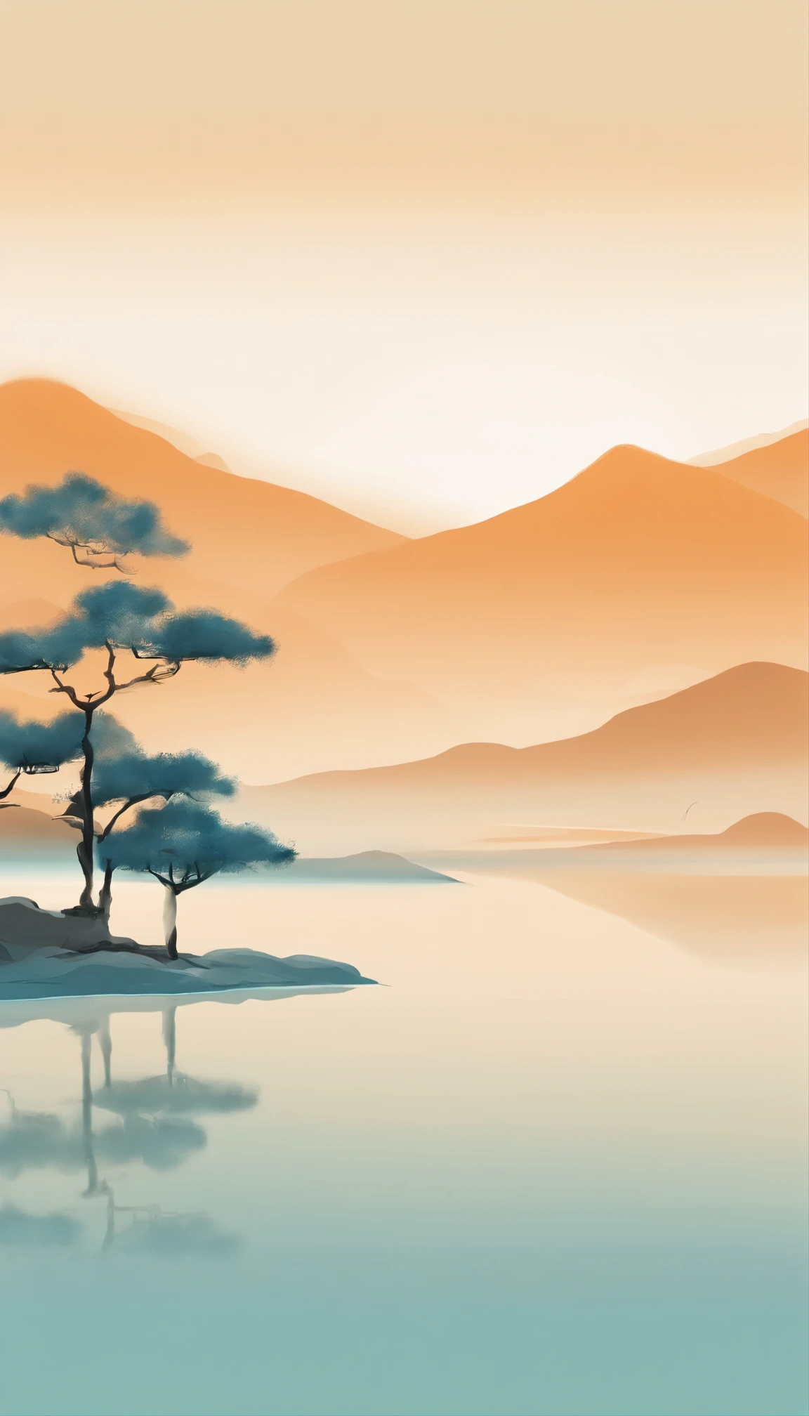 An idyllic Chinese mural, Light orange and light cyan style, Layered landscape, Art in the style of ancient Chinese ink painting, monumental murals, Ricoh FF-9D, Golden Age aesthetics, Exotic landscape