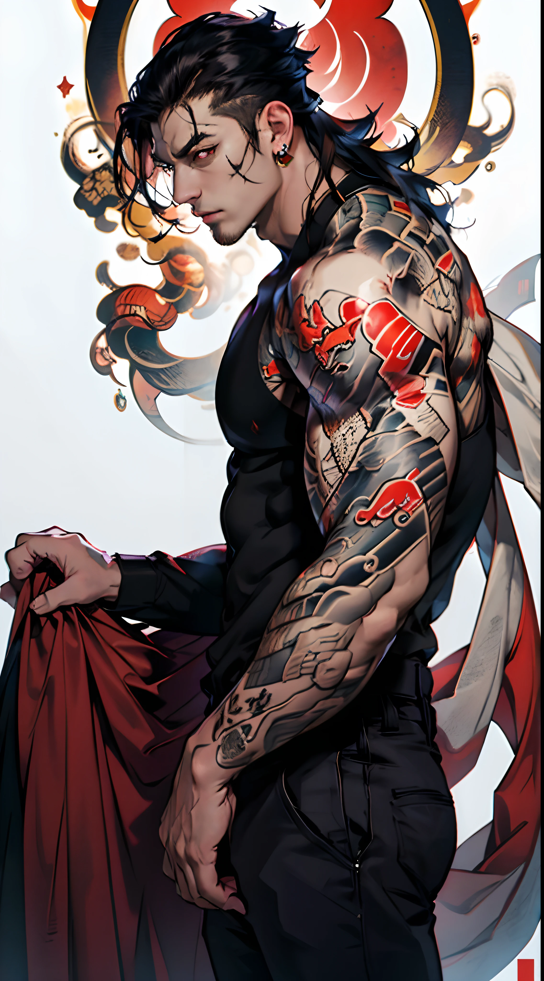man, masculine, villain face, attractive, muscular, ((1man)), masterpiece, absurdres, best quality ,intricate details , (shiny skin, shiny body, shiny oily luster skin, shiny hair, pale skintone), Nightmare, attractive, ((muscular)), adult, one, full body Yakuza tattoo's, earrings, black pants, Topless , Dark aura, silver long hair, perfect detailed face, Yakuza, Red eyes, Dark Atmospher, ((MLS)), medium large shoot