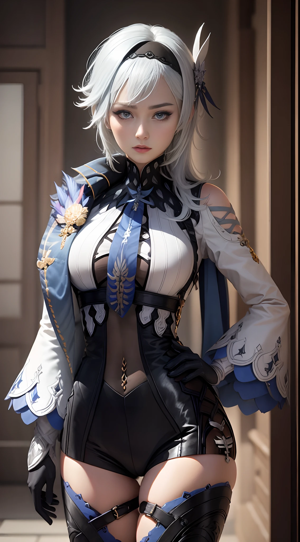 Realistic, high resolution, 1 girl, white hair, korean, blue eyes, mid-chest, thin waist, thighs