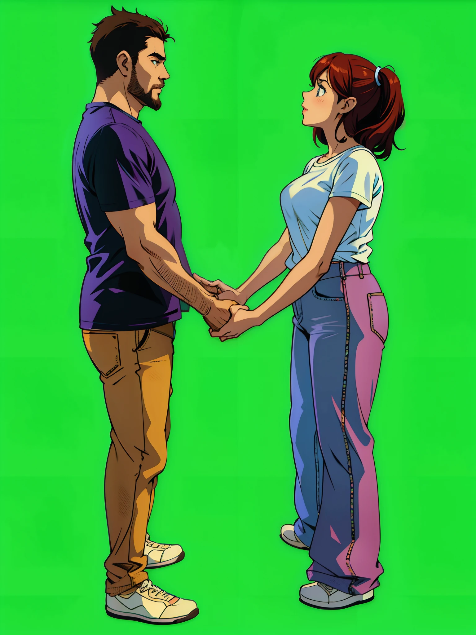 turn this cute couple to cartoon style, handsome man with skinny girl , girl with pinky t-shirt