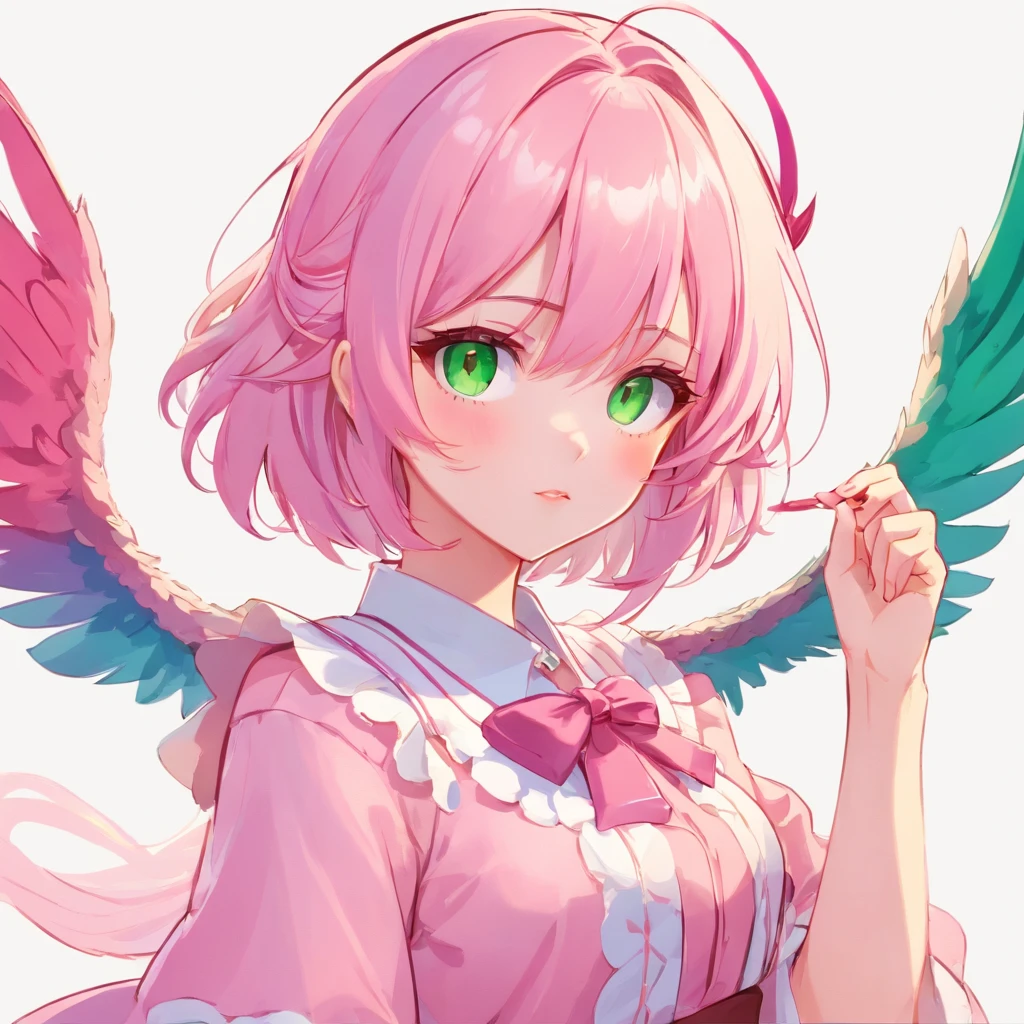 Alisa bosconovitch, melhor qualidade, contemporary, estilo plano, minimalismo, Green Eyes Flat Illustration, cabelo rosa, com flor de cravos no cabelo, cabelo curto, cabelos multicoloridos, Camisa Preta, mechanical wings, Loli em vestido, Head Portrait Close-U, peito pontudo, decote, super decote, middlebreasts, Tekken,cabelo rosa pastel, 1girl, em quimono, hand-painted,Desenho de linha sem cor, colorida do yandere pastel, Tekken, Super cute pink hair girl with gothic makeup on the side, com roupa de empregada,figura esbelta,robusto,He sat on the floor,Vestido com roupas de empregada rosa e branco,cabelos muito curtos,com orelhas de gato,quadratic element,, kawaii cor-de-rosa na roupa da era de 1910, Alisa Bosconovich pink lips, no estilo da paleta de cores suave aurorapunk, an anime illustration of his face, gifs animados, hand drawn animation, charming sketches, suave e brilhante, romantismo nebuloso, Estilo Superflat, fundo branco - ar 1:1 - niji 5 - estilo expressivo --s 50 ,Pink kawaii girl in the era of 1920s clothesPink eagles, vestindo uma camisa branca brilhante, no estilo da paleta de cores suave aurorapunk, an anime illustration of his face, gifs animados, hand drawn animation, charming sketches, suave e brilhante, romantismo nebuloso, Estilo Superflat, fundo branco - ar 1:1 - niji 5 - estilo expressivo --s 50, Absurdo, Altas, ultra detalhados, (1girl:1.3), quebrar , Crie uma imagem com uma bela caligrafia, com letras expressivas, floreios elegantes e um senso de habilidade e habilidade, Dragon Menor,garota,Hands on arms