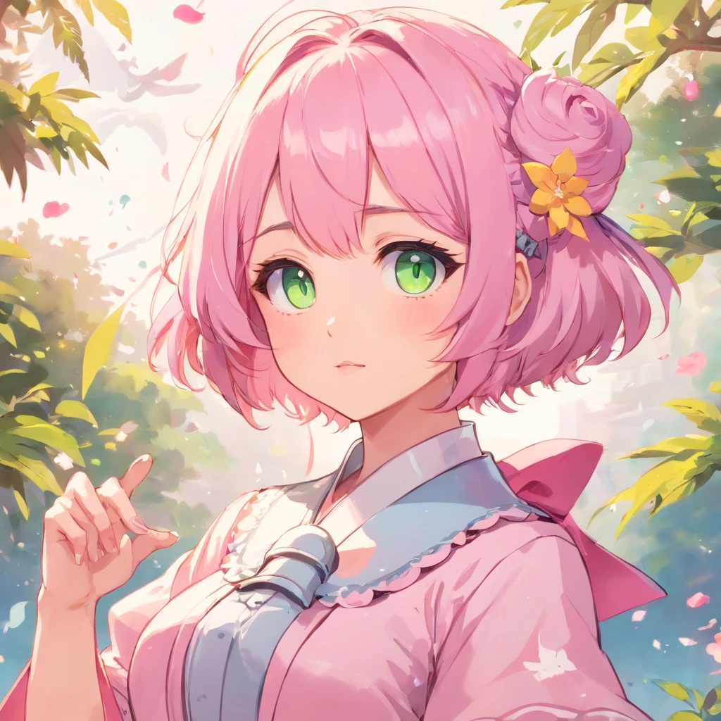 Anime girl with pink hair and green eyes in a garden - SeaArt AI