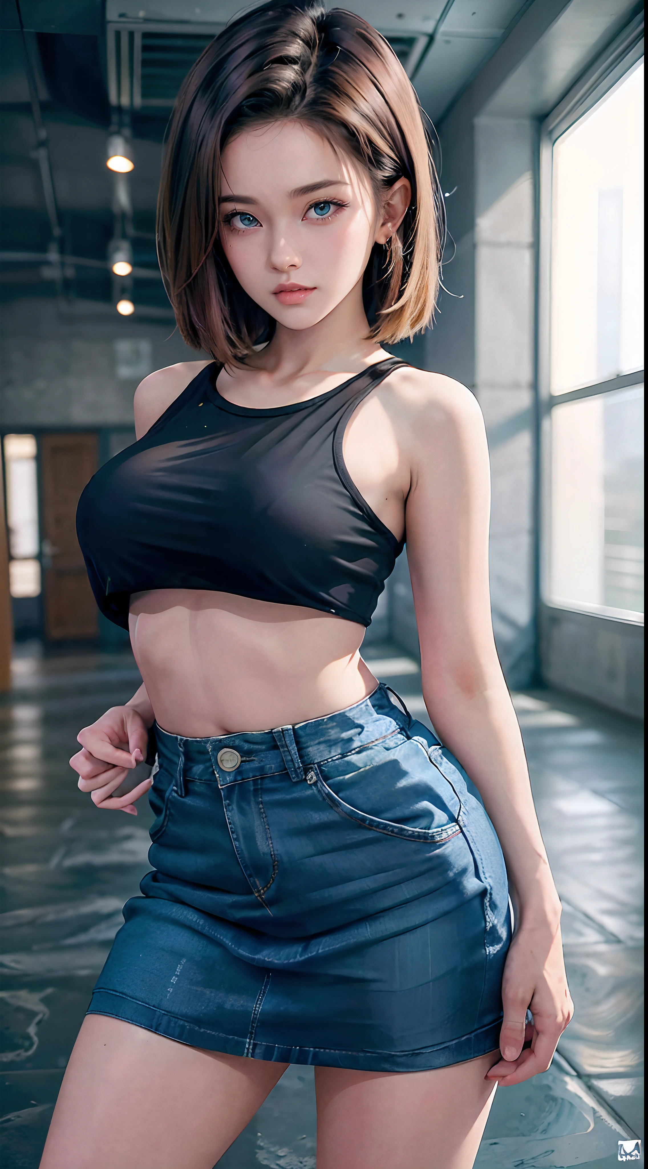 imagem hiper detalhada, UHD, 16k, foto profissional, (Foto realista do Android-18 de Dragon Ball Z) deusa da beleza, encantador, cabelos loiros curtos muito lisos, um fio de cabelo entre os olhos, serious facial expression, (( Ela usa uma jaqueta jeans azul e uma camisa cropped branca, Short White Underground Showing Her Brisket Meat)), Open erotic denim jacket showing off your stunning, Seios grandes lindos e perfeitos, ((natural sagging breasts, seios, seios longos ultragigantes saindo da jaqueta)) seios cheios, large body, fino, Curvaceous, pert bunda, ela usa um cinto e um (((Raised blue denim skirt she doesn't wear panties, exposto, pelos pubianos expostos, lifting her skirt with her hand ))), pernas grossas abertas, sorrindo mostrando fio dental preso , Flexible Body, Botas marrons, perfect hands and fingers, ambiente escuro, Fundo Cyberpunk,
(android-18 estilo cyberpunk), Arte Oficial, Android-18 mulher sexy, arte oficial do personagem, protagonista feminina sexy, curvo, Corpo magro e tonificado, pernas abertas, exposto, micro fio dental recheado nela :8, Akiri Toriyama, Diretor: Akira Toriyama, Bulma de Dragon Ball, Melhor Design de Personagens de Anime, Akira Toriyama's stroke style, Cute single character, Seminua, (great lighting) (, , pubic hair), ()