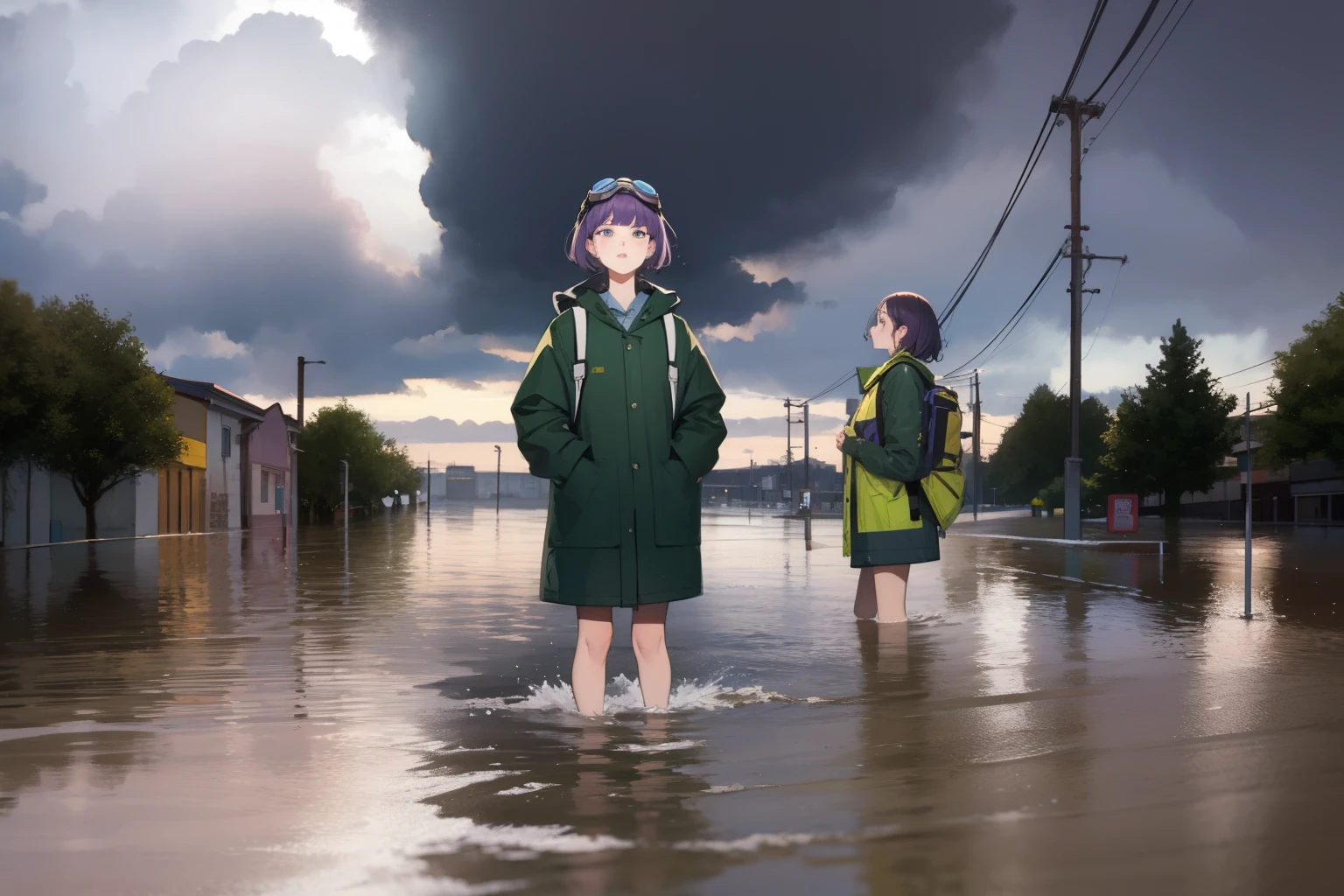 masterpiece, best quality, multiple girls, (closeup), 18yo teen, slim, small breast, wading in water, green raincoat, open raincoat, naked breast, nipple, white panties, goggles on head, (backpacks), (look up), anxious, confused, purple and orande stormy clouds, evening light, (flood:1.2), street under water, city ruins, (wide angle), watercolor