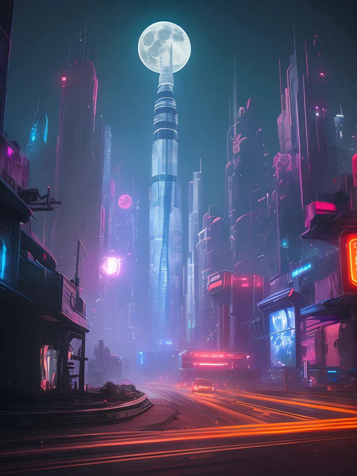 (highly detailed:1.2),(best quality:1.2),(8k:1.0),(emb-rrf-low:1.0),sharp focus,(award-winning photograph:1.2), (subsurface scattering:1.1), Futuristic cityscape with towering skyscrapers, neon-lit streets, flying cars, holographic billboards, and a full moon backdrop, by Robert Broomfield, 3D art, photorealistic, hyper-detailed, dystopian, trending on ArtStation, cinematic lighting, sci-fi, and fantasy.