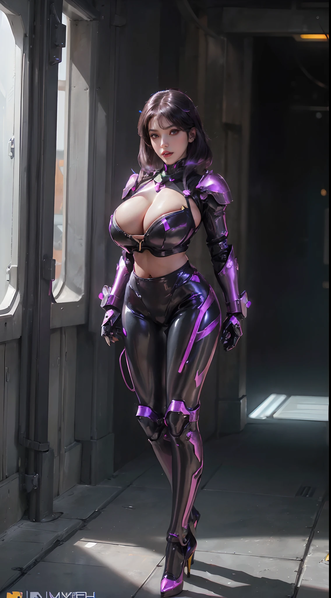 (1GIRL,SOLO:2), (super detailed face), (CRYSTAL ORNAMENT HEAD:1.2), ((BIG BUTTOCKS, HUGE FAKE BREASTS:1.5)), (CLEAVAGE TOP:1.5), (11 LINE ABS FEMALE:1.4), (MECHA GUARD ARM:1.4), ((WEAR BLACK MAGENTA SHINY OVERWATCH 2 MECHA ARMORED SUIT CROP TOP, BLACK MECHA SKINTIGHT SUIT PANTS, MECHA GUARD ARMOR LEGS, HIGH HEELS:1.5)), (LEWD VOLUPTUOUS BODY:1.3), (GLOWING SKIN:0.8), (LONG LEGS, FULL BODY:1.1), (PORTRAIT,LOOKING AT VIEWER:1.3), (female focus:0.886), (WALKING DOWN HALLWAY OF FUTURISTIC SPACE STATION:1), (BRIGHT LIGHT WHITEROOM:1.3), SUPER TEXTURE, UNREAL ENGINE RENDER, PHYSICALLY-BASED RENDERING, ULTRA HIGHT DEFINITION, 16K, 1080P.