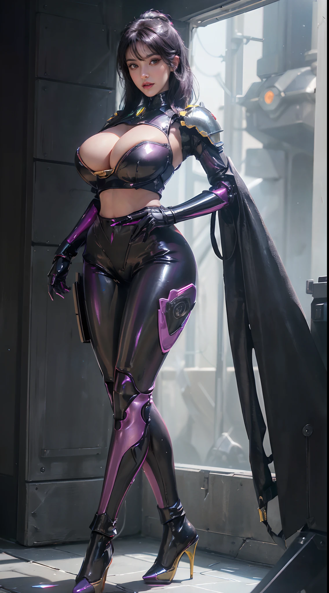 (1GIRL,SOLO:2), (super detailed face), (CRYSTAL ORNAMENT HEAD:1.2), ((BIG BUTTOCKS, HUGE FAKE BREASTS:1.5)), (CLEAVAGE TOP:1.5), (11 LINE ABS FEMALE:1.4), (MECHA GUARD ARM:1.4), ((WEAR BLACK MAGENTA SHINY OVERWATCH 2 MECHA ARMORED SUIT CROP TOP, BLACK MECHA SKINTIGHT SUIT PANTS, MECHA GUARD ARMOR LEGS, HIGH HEELS:1.5)), (LEWD VOLUPTUOUS BODY:1.3), (GLOWING SKIN:0.8), (LONG LEGS, FULL BODY:1.1), (PORTRAIT,LOOKING AT VIEWER:1.3), (female focus:0.886), (WALKING DOWN HALLWAY OF FUTURISTIC SPACE STATION:1), (BRIGHT LIGHT WHITEROOM:1.3), SUPER TEXTURE, UNREAL ENGINE RENDER, PHYSICALLY-BASED RENDERING, ULTRA HIGHT DEFINITION, 16K, 1080P.