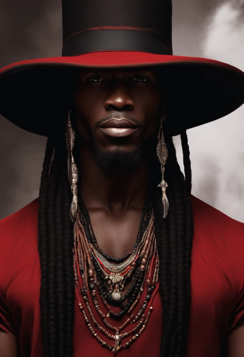 Homem africano sorrindo de forma sarcastica, Long dreadlocks underneath the long-brimmed hat, roupa elegante vermelha e preta com colares de missanga na cor preta e vermelha, realistic illustration, Elegance in features,