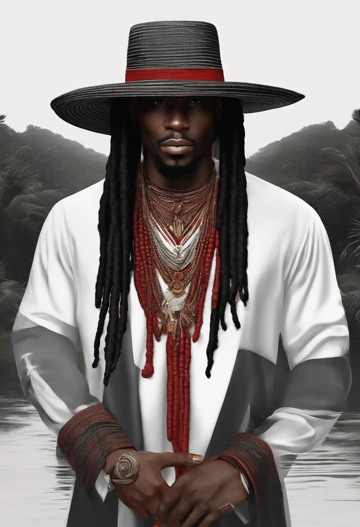 Homem africano sorrindo de forma sarcastica, Long dreadlocks underneath the long-brimmed hat, roupa elegante vermelha e preta com colares de missanga na cor preta e vermelha, realistic illustration, Elegance in features,