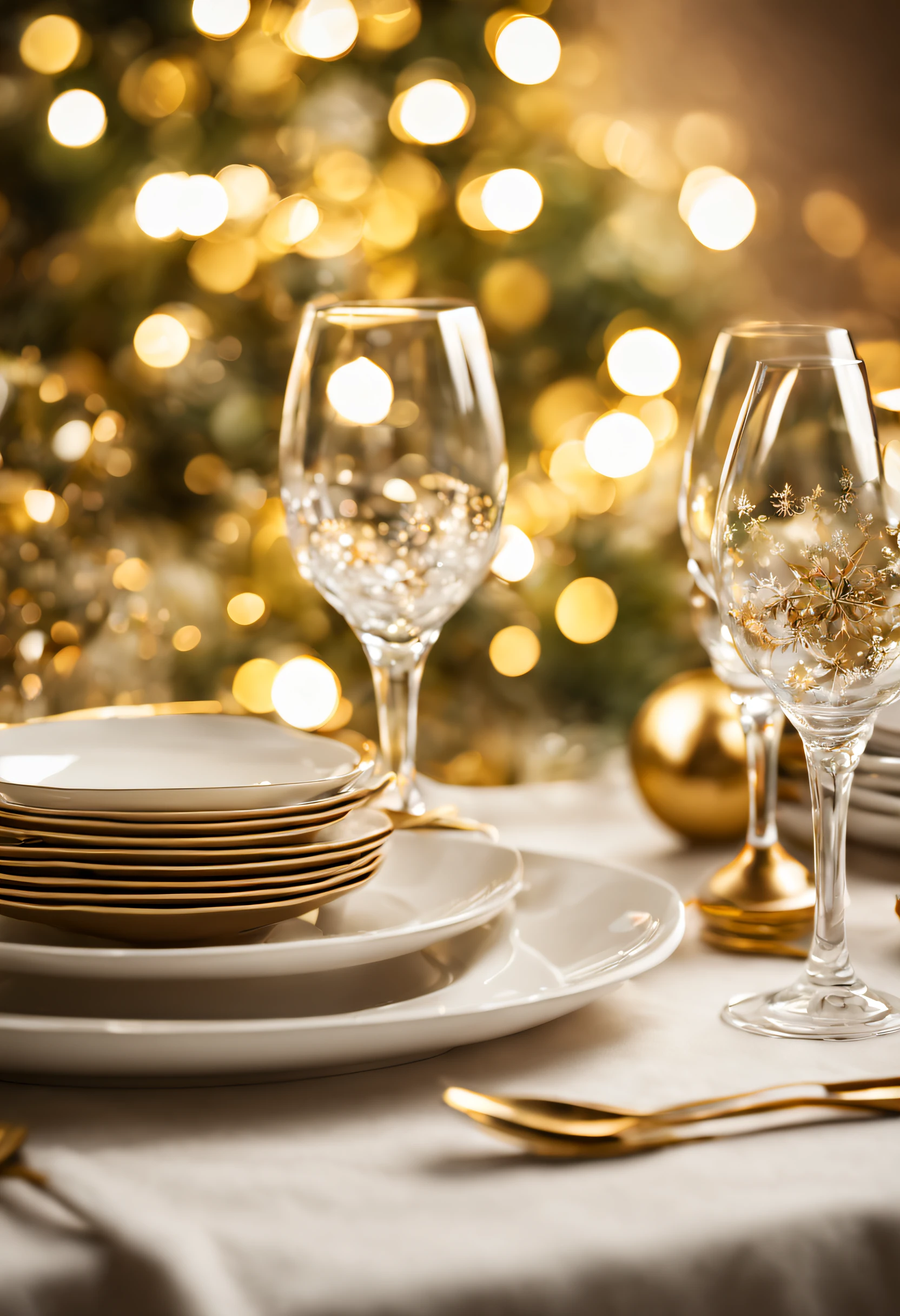 create a hyperrealistic image of a table set with plates, cutlery and glasses in an environment decorated with Christmas motifs. 8k resolution, 35mm lens, f/22, white balance 32k, blurred and clean background, minimalist background, natural light, soft golden color tones