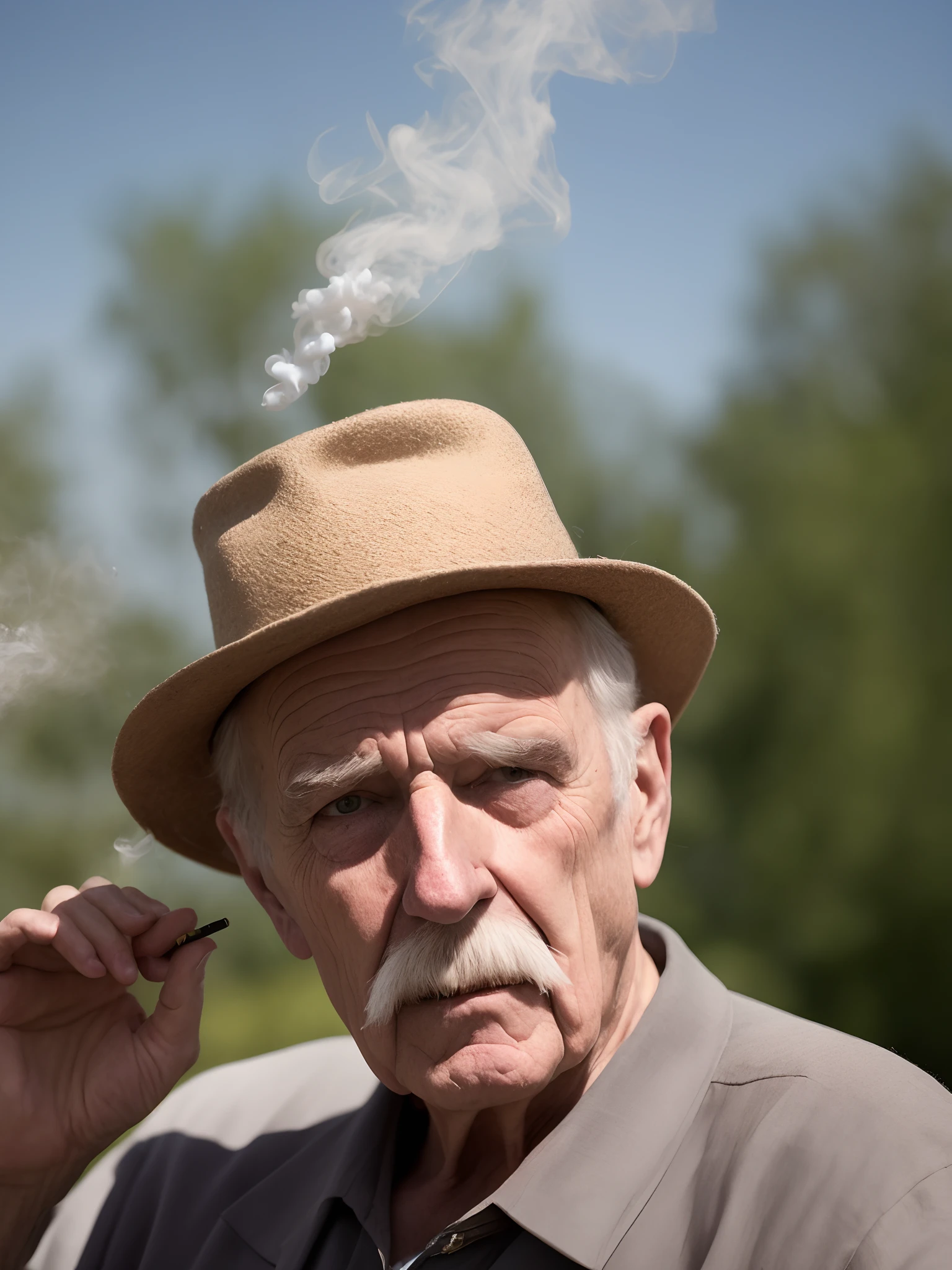 Create an image of an old man, wearing a hat,smoking a cigarette, 4k quality image