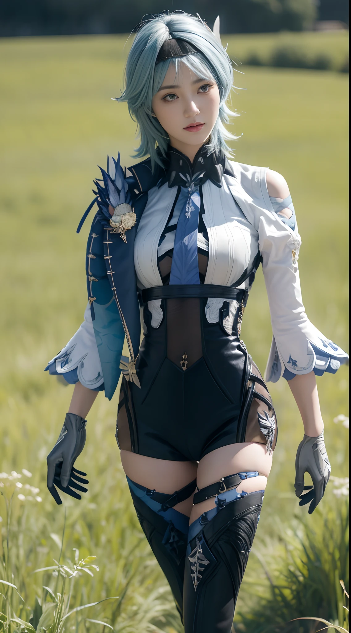 Realistic, high resolution, 1 girl, short wavy hair, light blue hair, korean, blue eyes, bodysuit, mid-chest, thin waist, thighs, walking in a verdant field