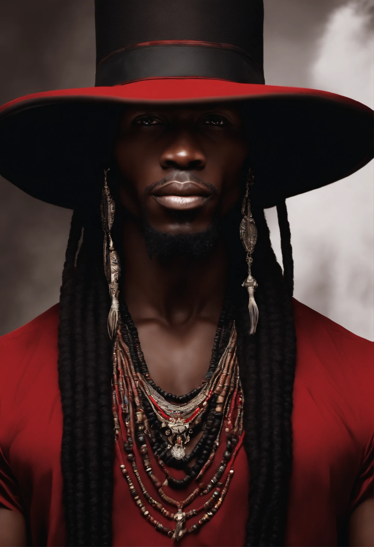 Homem africano sorrindo de forma sarcastica, Long dreadlocks underneath the long-brimmed hat, roupa elegante vermelha e preta com colares de missanga na cor preta e vermelha, realistic illustration, Elegance in features,