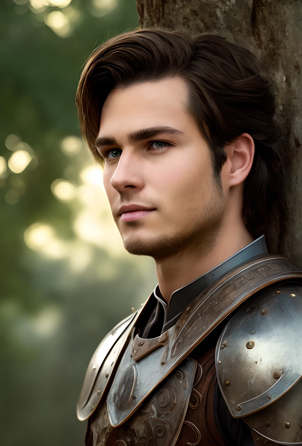 (Human), (tree bark), (armor), (brown hair), (character portrait), (young man), (sun)