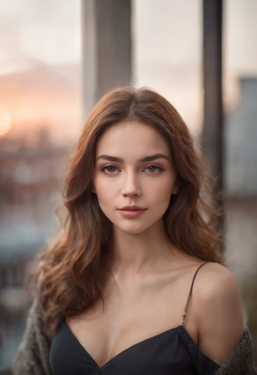 style expressive, The whole body of a European girl, posing on a, look at a camera, Beautiful hair, Complex urban background, The light from the back window is backlighted, (Cinematic:1.5), epic realistic, ultra - detailed, insanely details, Intricate details, emphasis lighting, Soft volumetric light, Bokeh, (Dramaticlight:1.2), (com cores neutras:1.3), Cross-process processes (full bodyesbian)
