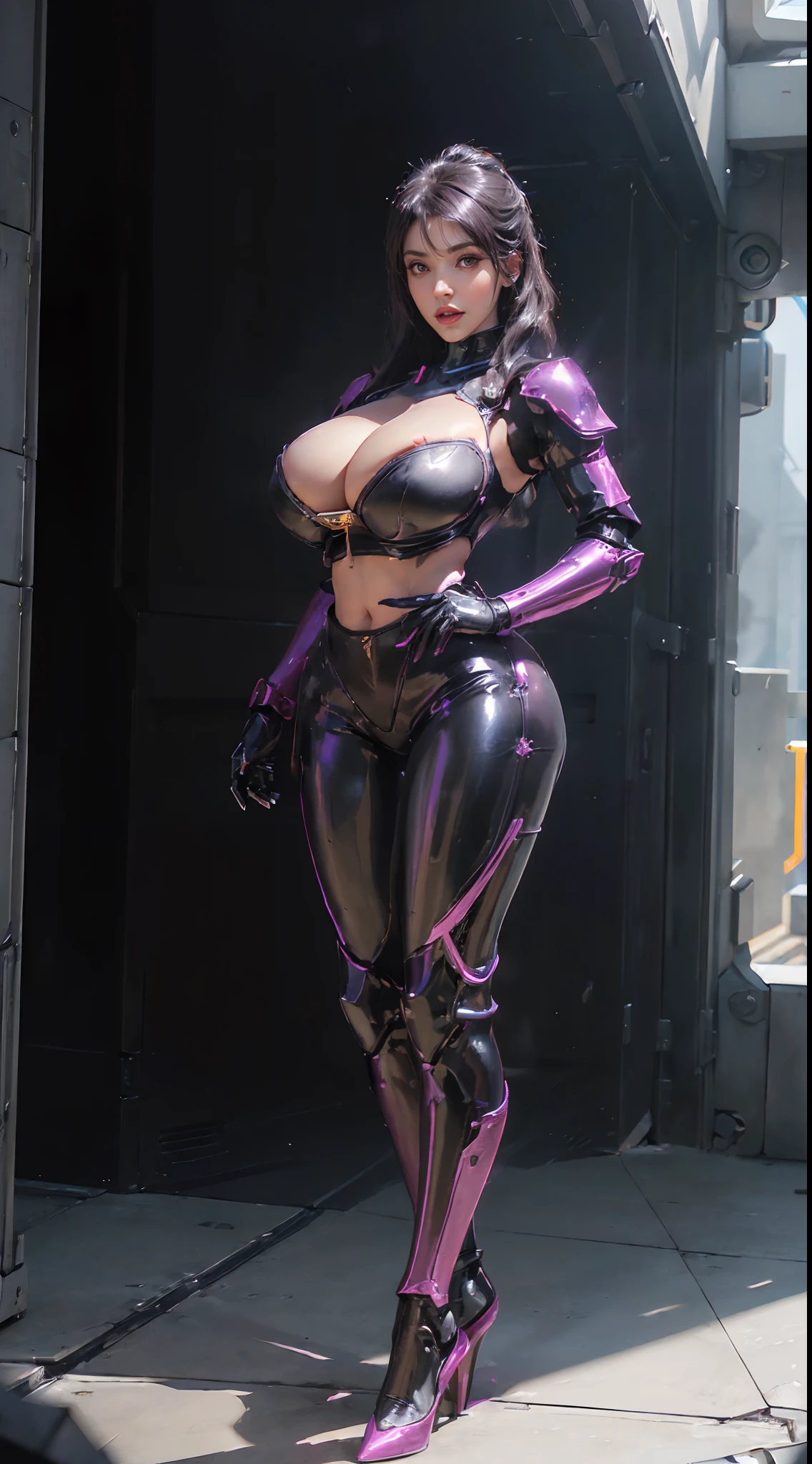 (1GIRL,SOLO:2), (super detailed face), (CRYSTAL ORNAMENT HEAD:1.2), ((BIG BUTTOCKS, HUGE FAKE BREASTS:1.5)), (CLEAVAGE TOP:1.5), (11 LINE ABS FEMALE:1.4), (MECHA GUARD ARM:1.4), ((WEAR BLACK MAGENTA SHINY OVERWATCH 2 MECHA ARMORED SUIT CROP TOP, BLACK MECHA SKINTIGHT SUIT PANTS, MECHA GUARD ARMOR LEGS, HIGH HEELS:1.5)), (LEWD VOLUPTUOUS BODY:1.3), (GLOWING SKIN:0.8), (LONG LEGS, FULL BODY:1.1), (PORTRAIT,LOOKING AT VIEWER:1.3), (female focus:0.886), (WALKING DOWN HALLWAY OF FUTURISTIC SPACE STATION:1), (BRIGHT LIGHT WHITEROOM:1.3), SUPER TEXTURE, UNREAL ENGINE RENDER, PHYSICALLY-BASED RENDERING, ULTRA HIGHT DEFINITION, 16K, 1080P.