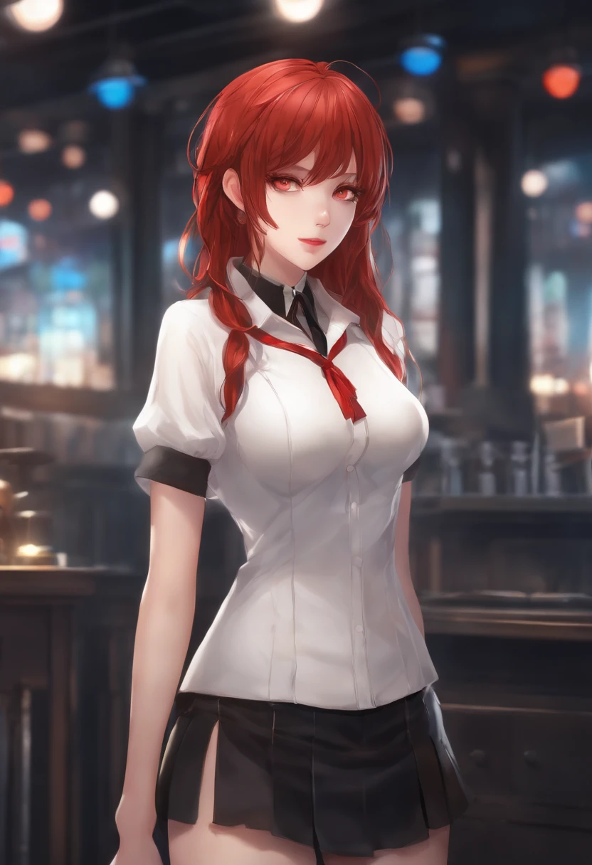 2D, Masterpiece, Best Quality, the anime, Highly detailed face, Highly detailed eyes, highly detailed background, perfect lighting, 1girl, 独奏, full - body, Standing, Latex socks, white shirt, red hair, amulet