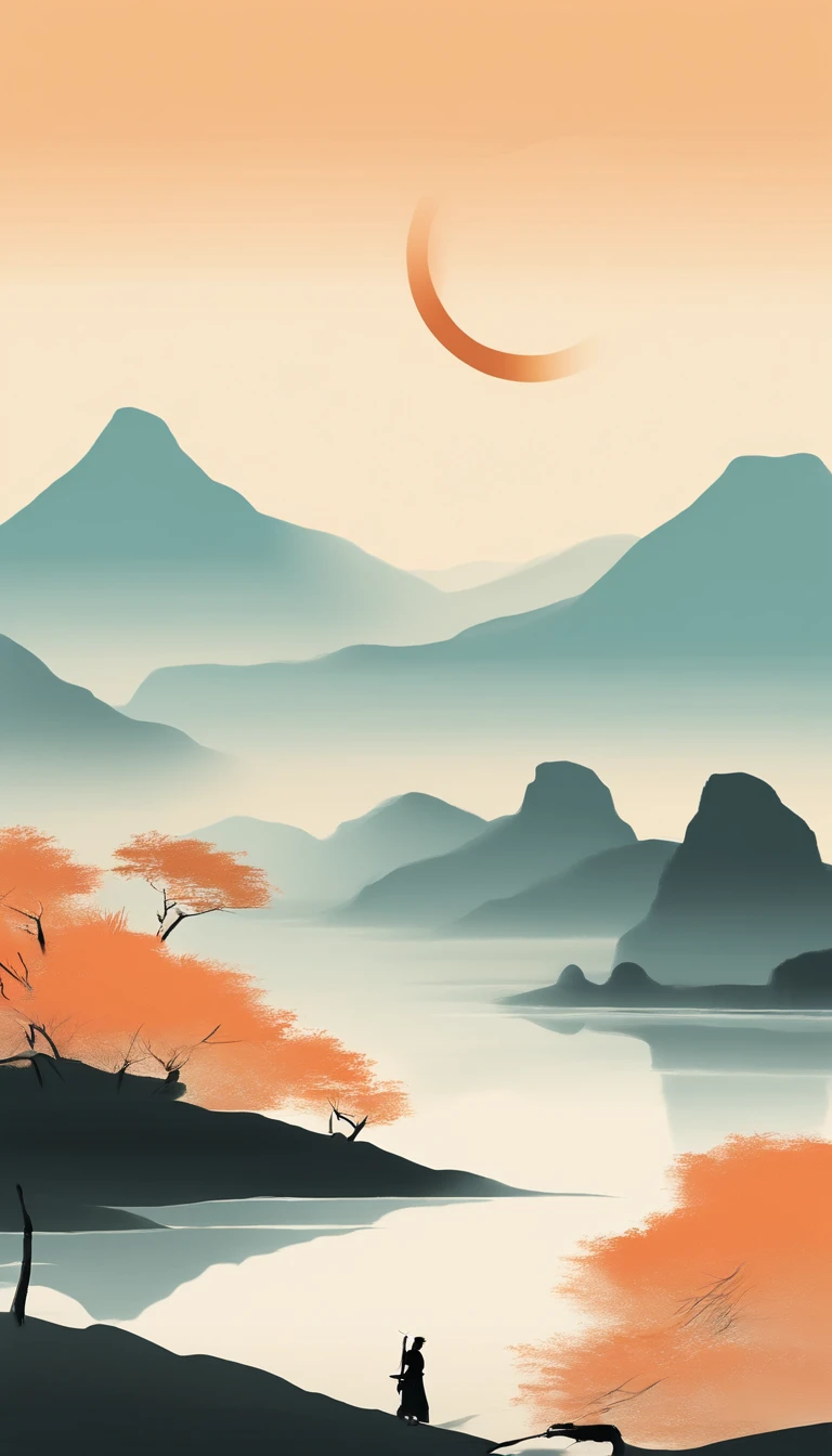 An idyllic Chinese mural, Light orange and light cyan style, Layered landscape, Art in the style of ancient Chinese ink painting, monumental murals, Ricoh FF-9D, Golden Age aesthetics, Exotic landscape