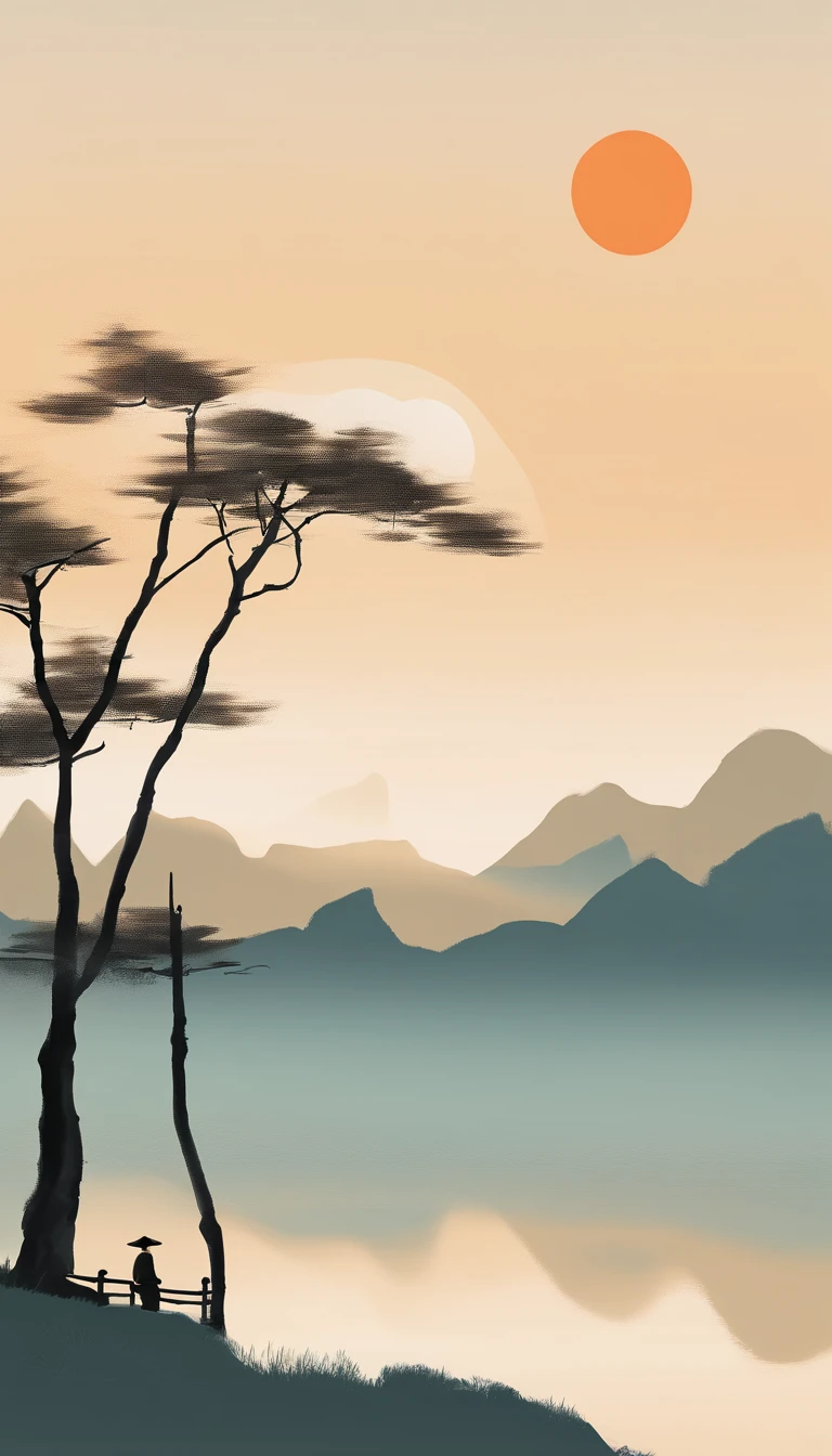 An idyllic Chinese mural, Light orange and light cyan style, Layered landscape, Art in the style of ancient Chinese ink painting, monumental murals, Ricoh FF-9D, Golden Age aesthetics, Exotic landscape