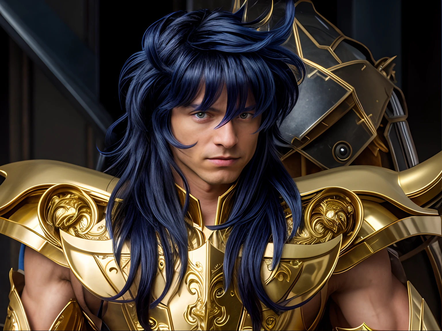 Cinematic stunningly detailed and ultra-realistic Milo Scorpio of Saint Seiya. Close up. He is wearing a golden detailed medieval armor. Shoulder armor. Muscular. He is a handsome caucasian man about 35 years old. 1boy. Detailed face. Beautiful nose. (Pretty big blue eyes). Perfect eyes. ((Shaved)). He has blue long hair. Messy hair. Bangs. . He is staring his enemy. (full body armor), (detailed armor, high quality), (ornate armor), (hdr), (noble), inspiring, film, cinematic lighting, (no hair adornment).