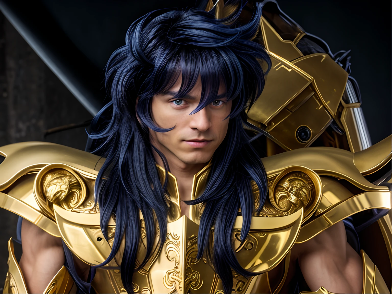 Cinematic stunningly detailed and ultra-realistic Milo Scorpio of Saint Seiya. Close up. He is wearing a golden detailed medieval armor. Shoulder armor. Muscular. He is a handsome caucasian man about 35 years old. 1boy. Detailed face. Beautiful nose. (Pretty big blue eyes). Perfect eyes. ((Shaved)). He has blue long hair. Messy hair. Bangs. . He is staring his enemy. (full body armor), (detailed armor, high quality), (ornate armor), (hdr), (noble), inspiring, film, cinematic lighting, (no hair adornment).