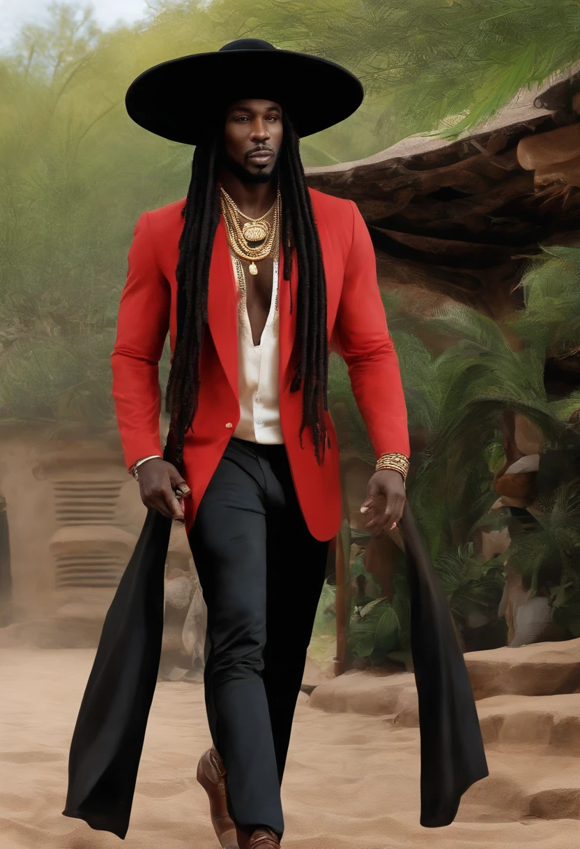 Homem africano sorrindo de forma sarcastica, Long dreadlocks underneath the long-brimmed hat, segurando uma bengala, roupa elegante vermelha e preta com colares de missanga na cor preta e vermelha, realistic illustration, Elegance in features,