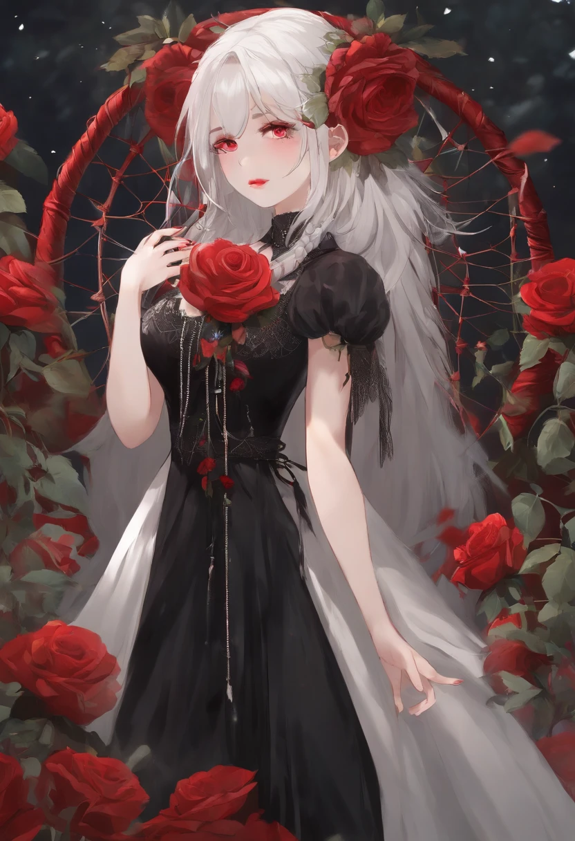 (best quality, masterpiece), (1girl, solo, black dress, standing , looking at viewer, white hair, red eyes, holding rose, closed mouth, upper body), (red dreamcatcher behind, red flower, )