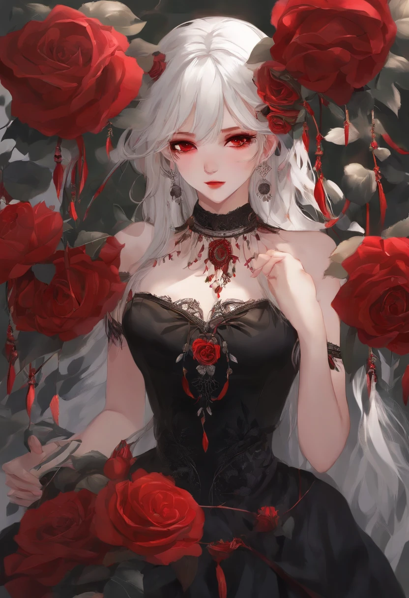 (best quality, masterpiece), (1girl, solo, black dress, standing , looking at viewer, white hair, red eyes, holding rose, closed mouth, upper body), (red dreamcatcher behind, red flower, )