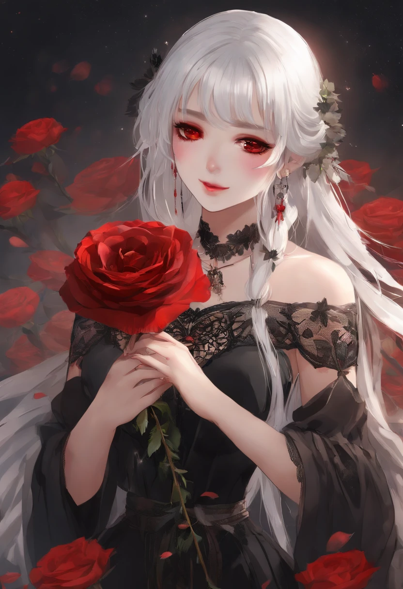 (best quality, masterpiece), (1girl, solo, black dress, standing , looking at viewer, white hair, red eyes, holding rose, closed mouth, upper body), (red dreamcatcher behind, red flower, )