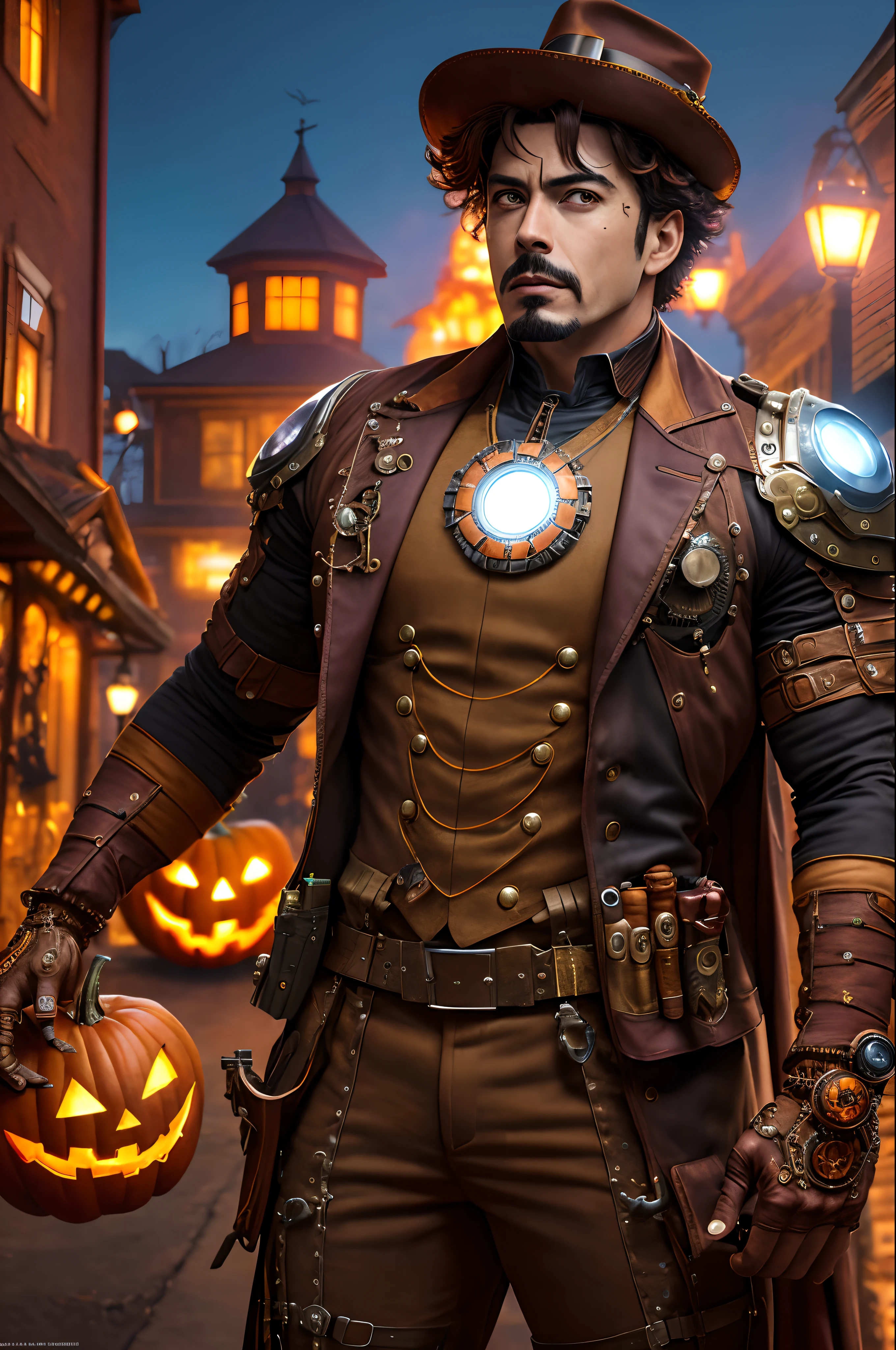 (extremely detailed 8k wallpaper), a medium shot photo of a steampunk Ironman from marvel, Halloween theme, Halloween decorations, intricate, high detail, dramatic