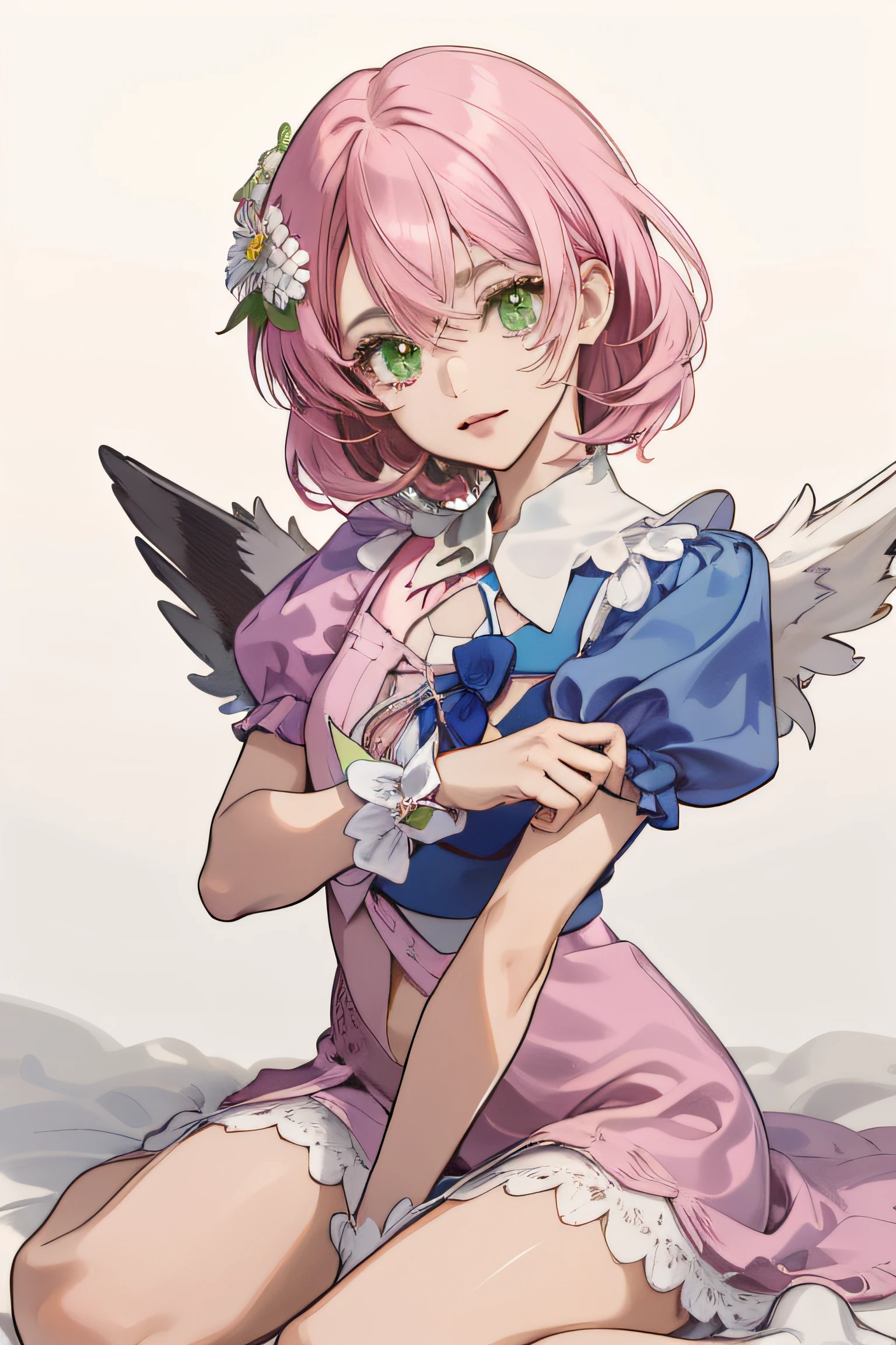 Alisa bosconovitch, melhor qualidade, contemporary, estilo plano, minimalismo, Green Eyes Flat Illustration, cabelo rosa, com flor de cravos no cabelo, cabelo curto, cabelos multicoloridos, Camisa Preta, mechanical wings, em vestido, Head Portrait Close-U, peito pontudo, decote, super decote, middlebreasts, Tekken,cabelo rosa pastel, 1girl, em quimono, hand-painted,Desenho de linha sem cor, colorida do yandere pastel, Tekken, Super cute pink hair girl with gothic makeup on the side, com roupa de empregada,figura esbelta,robusto,He sat on the floor,Vestido com roupas de empregada rosa e branco,cabelos muito curtos,com orelhas de gato,quadratic element,, kawaii cor-de-rosa na roupa da era de 1910, Alisa Bosconovich pink lips, no estilo da paleta de cores suave aurorapunk, an anime illustration of his face, gifs animados, hand drawn animation, charming sketches, suave e brilhante, romantismo nebuloso, Estilo Superflat, fundo branco - ar 1:1 - niji 5 - estilo expressivo --s 50 ,Pink kawaii girl in the era of 1920s clothesPink eagles, vestindo uma camisa branca brilhante, no estilo da paleta de cores suave aurorapunk, an anime illustration of his face, gifs animados, hand drawn animation, charming sketches, suave e brilhante, romantismo nebuloso, Estilo Superflat, fundo branco - ar 1:1 - niji 5 - estilo expressivo --s 50, Absurdo, Altas, ultra detalhados, (1girl:1.3), quebrar , Crie uma imagem com uma bela caligrafia, com letras expressivas, floreios elegantes e um senso de habilidade e habilidade, Dragon Menor,garota,Hands on arms