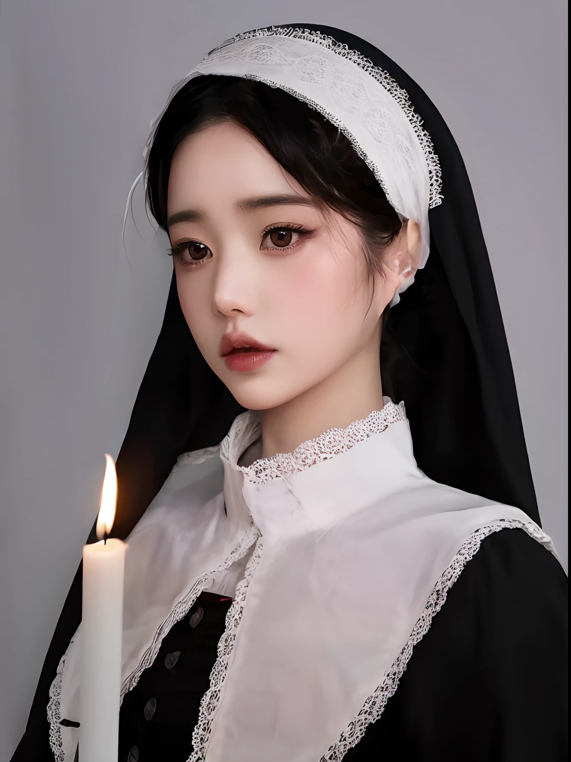 Mujer arafed en un disfraz de monja sosteniendo una vela, Modelo de moda Well, Bien Outfit, Billie Eilish como Monja, Billie Eilish como una monja triste, Ahora, Vampiros Ahora, cruel korean goth girl, Modelo de moda de monja mirando hacia arriba, Monja vampiro soltera y aterradora, inspired by the Master of the Legend of Saint Lucia, cosplay realista, ulzzang