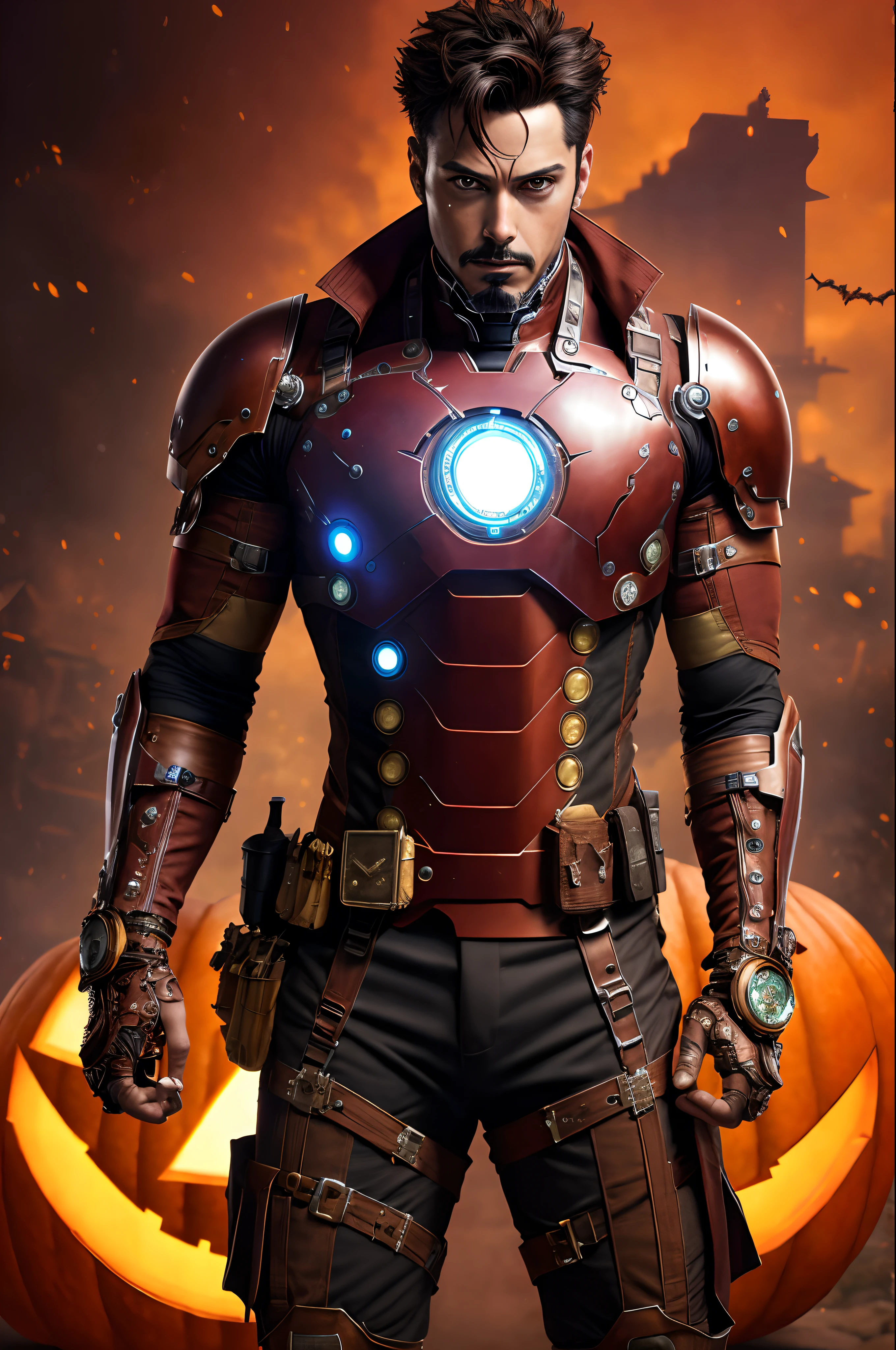 (extremely detailed 8k wallpaper), a medium shot photo of a steampunk Ironman from marvel, Halloween theme, Halloween decorations, intricate, high detail, dramatic