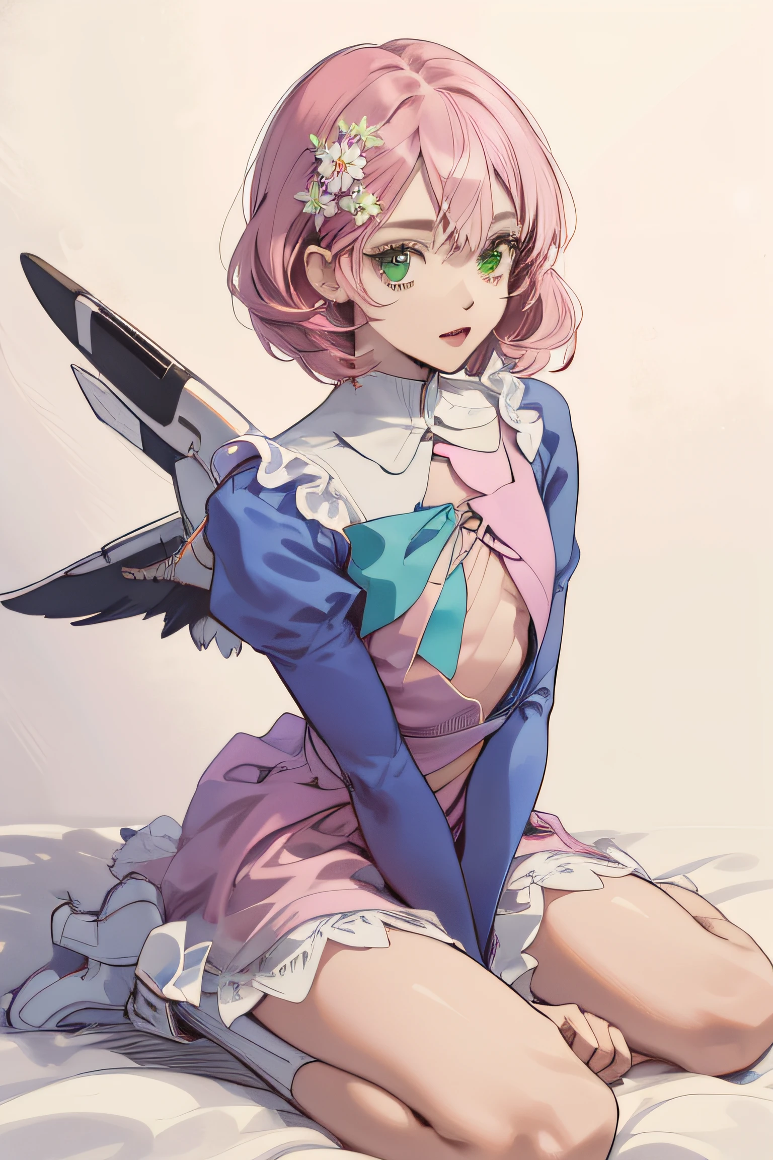 Alisa bosconovitch, melhor qualidade, contemporary, estilo plano, minimalismo, Green Eyes Flat Illustration, cabelo rosa, com flor de cravos no cabelo, cabelo curto, cabelos multicoloridos, Camisa Preta, mechanical wings,  em vestido, Head Portrait Close-U, peito pontudo, decote, super decote, middlebreasts, Tekken，cabelo rosa pastel, 1girl, em quimono, hand-painted，Desenho de linha sem cor, colorida do yandere pastel, Tekken, Super cute pink hair girl with gothic makeup on the side, com roupa de empregada，figura esbelta，robusto，He sat on the floor，Vestido com roupas de empregada rosa e branco，cabelos muito curtos，com orelhas de gato，quadratic element，, kawaii cor-de-rosa na roupa da era de 1910, Alisa Bosconovich pink lips, no estilo da paleta de cores suave aurorapunk, an anime illustration of his face, gifs animados, hand drawn animation, charming sketches, suave e brilhante, romantismo nebuloso, Estilo Superflat, fundo branco - ar 1:1 - niji 5 - estilo expressivo --s 50 ,Pink kawaii girl in the era of 1920s clothesPink eagles, vestindo uma camisa branca brilhante, no estilo da paleta de cores suave aurorapunk, an anime illustration of his face, gifs animados, hand drawn animation, charming sketches, suave e brilhante, romantismo nebuloso, Estilo Superflat, fundo branco - ar 1:1 - niji 5 - estilo expressivo --s 50, Absurdo, Altas, ultra detalhados, (1girl:1.3), quebrar , Crie uma imagem com uma bela caligrafia, com letras expressivas, floreios elegantes e um senso de habilidade e habilidade, Dragon Menor，garota，Hands on arms