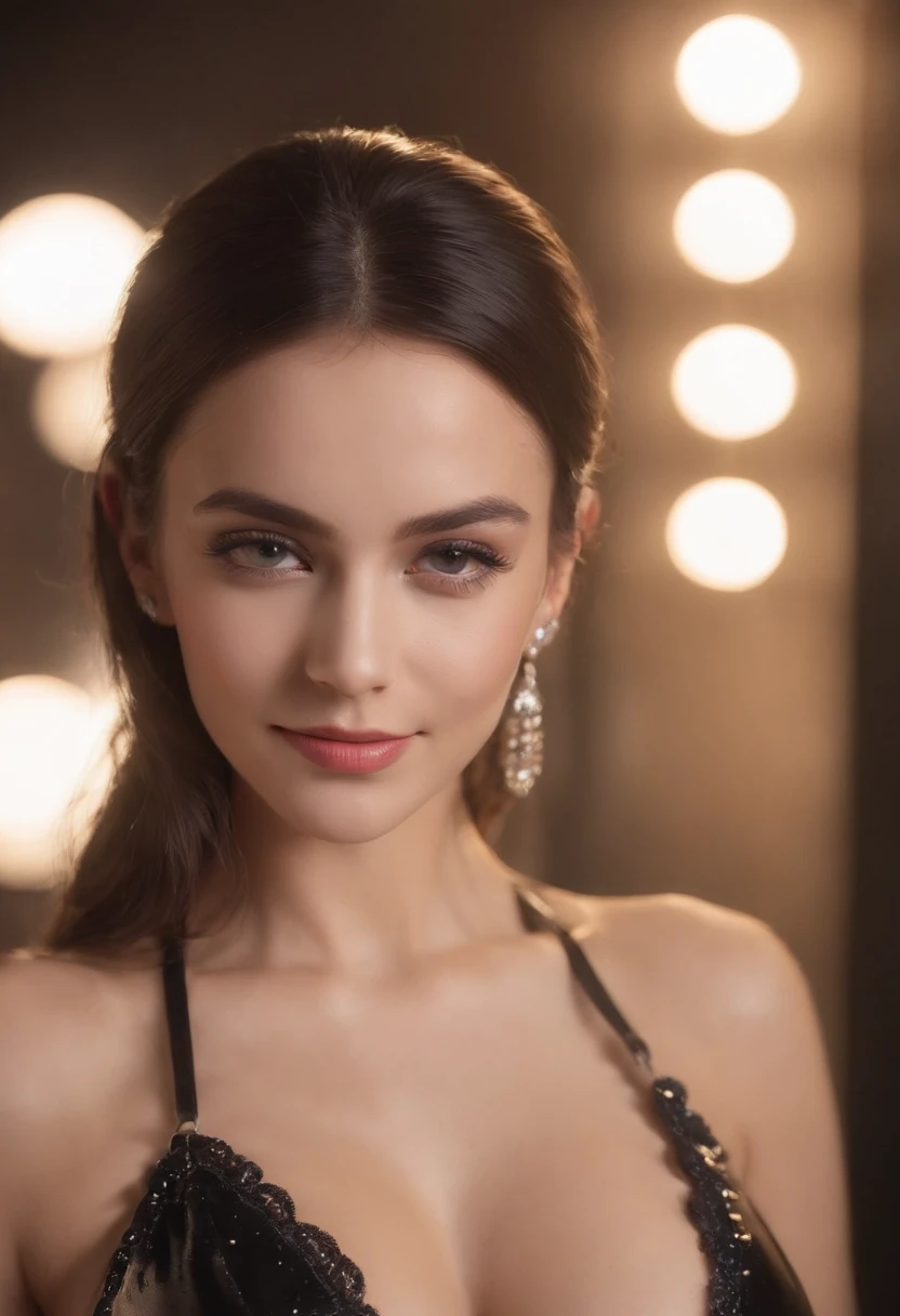 1girl, portrait of Anika, solo, smile, black eyes, jewelry, earrings, big breasts, cleavage, necklace, Wearing Tight Hug Black Shiny Metallic Latex Bikinni, volumetric lighting, best quality, tonemapping, sharp focus, hyper detailed, realistic