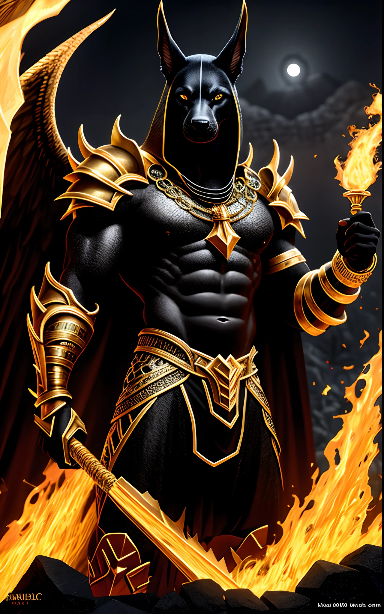 (high quality), photorealistic, (oil painting) jewelry, (solo), (dynamic pose), towards right, ((hell gate)), fire, hell landscape, (the underworld), (dark landscape), anubis, egyptian jackal headed god, anthro, muscular, (holding golden scales), dynamic pose, cinematic, dramatic camera angle, golden armor:0.25, black & gold cape, (good anatomy), (good proportions), award winning, masterpiece, centered,
