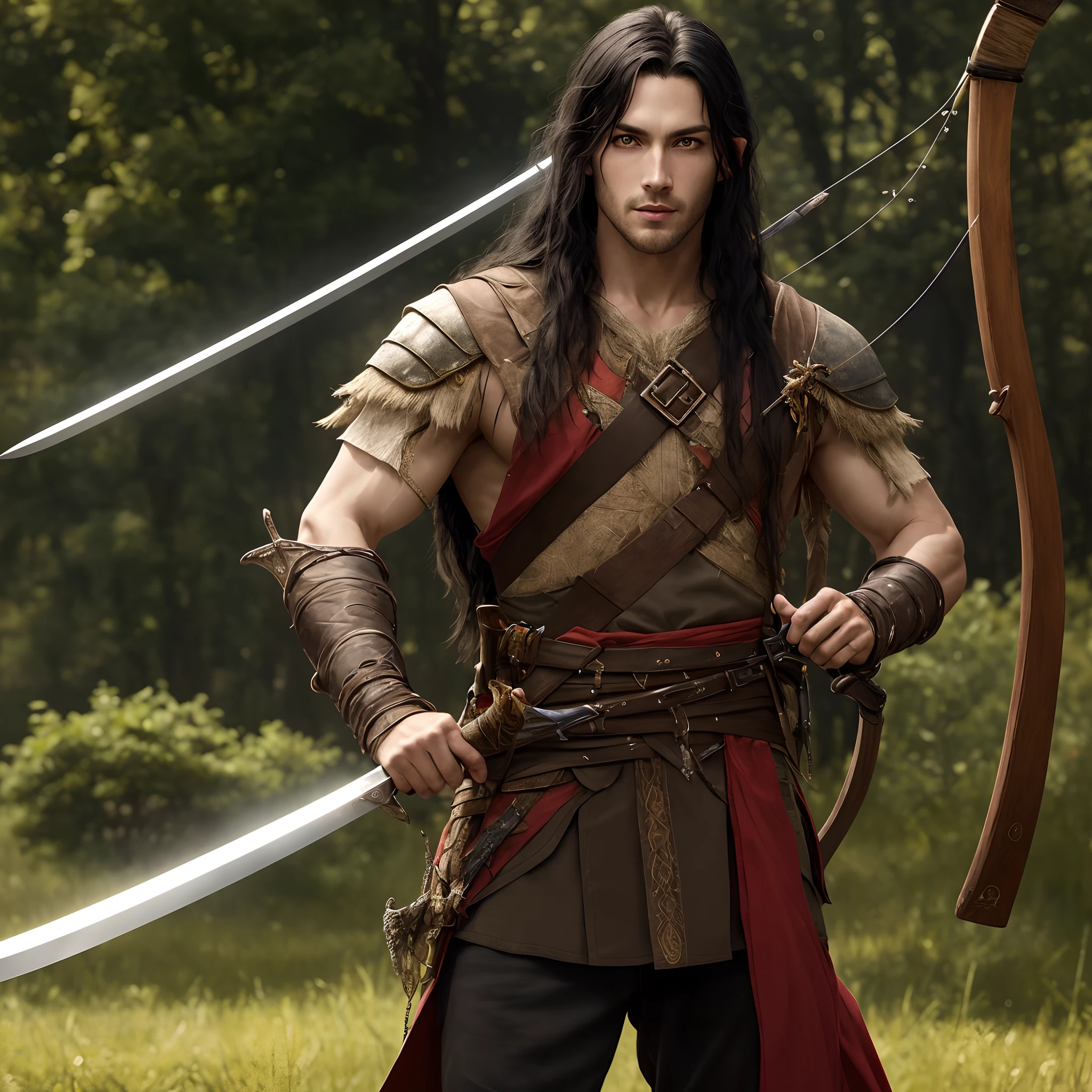 A half elf with long black hair, pale skin, and   red eyes. With a longbow on his back and short sword on his hip