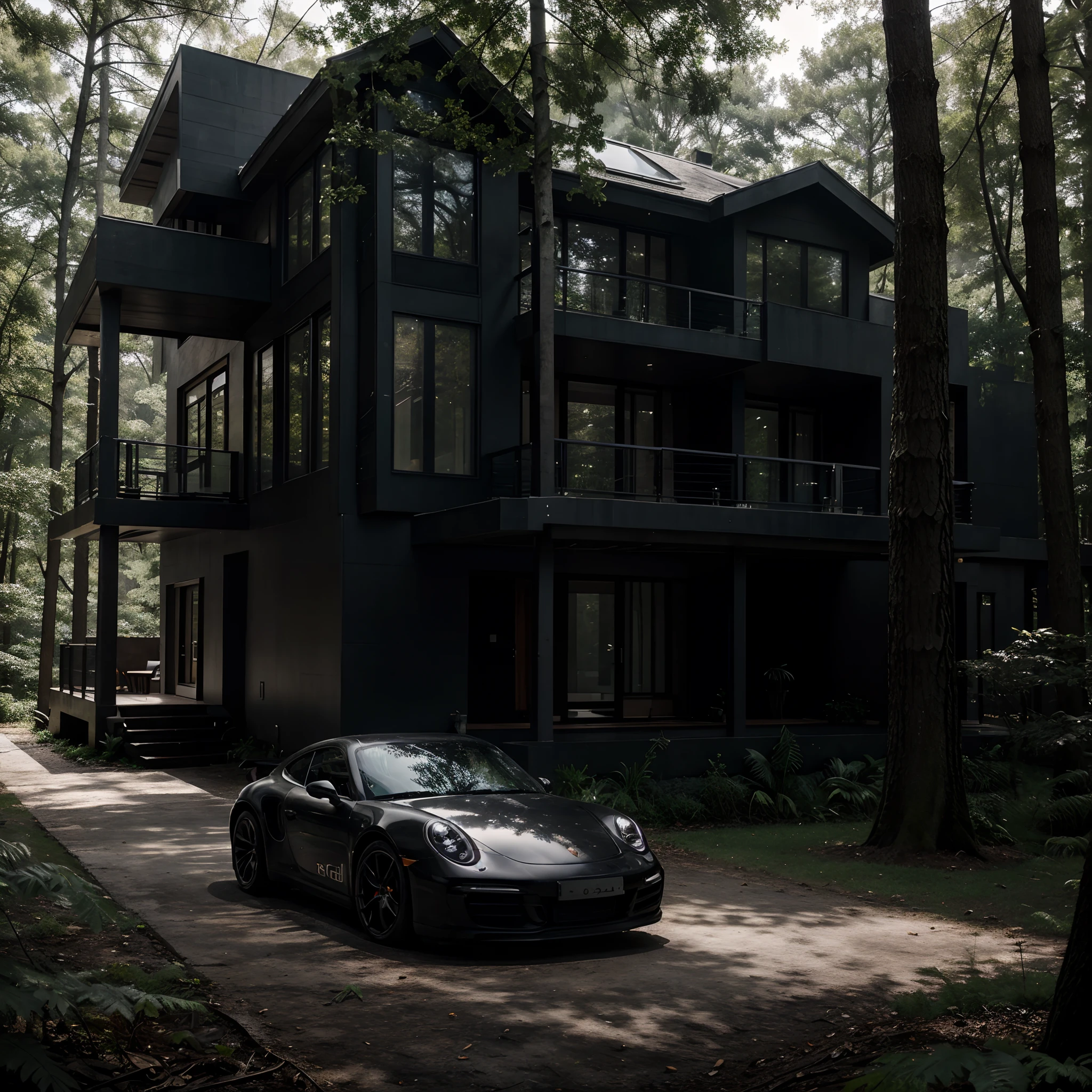blacked out modern mansion in the forest hidden among the trees with hot American girl wearing black bikini with big chest with foggy day and Black Porsche 911