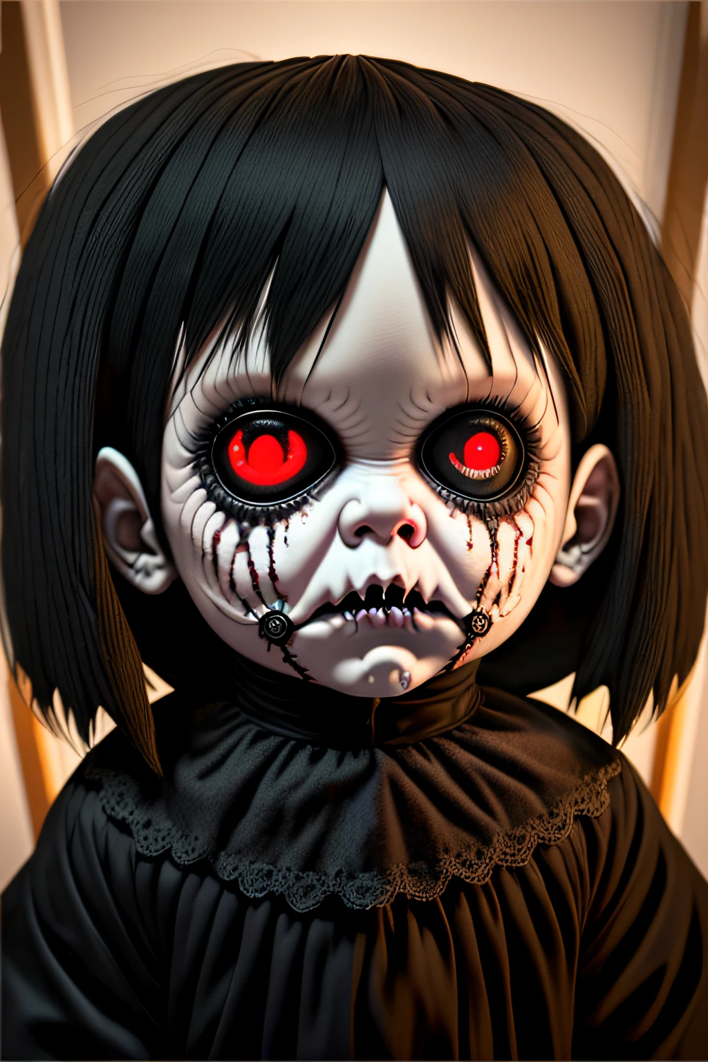 A realistic, scary and disturbing Halloween doll with spooky pitch-black eyes and drool on the mouth