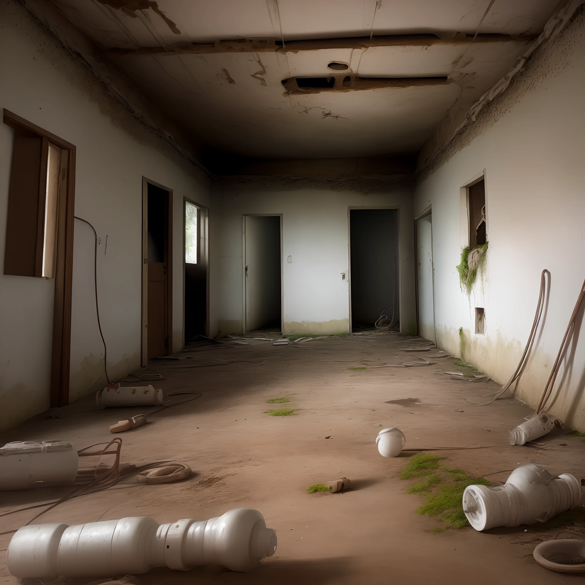 A basement of an abandoned house, cheio de goteiras e mofo, com canos amostra