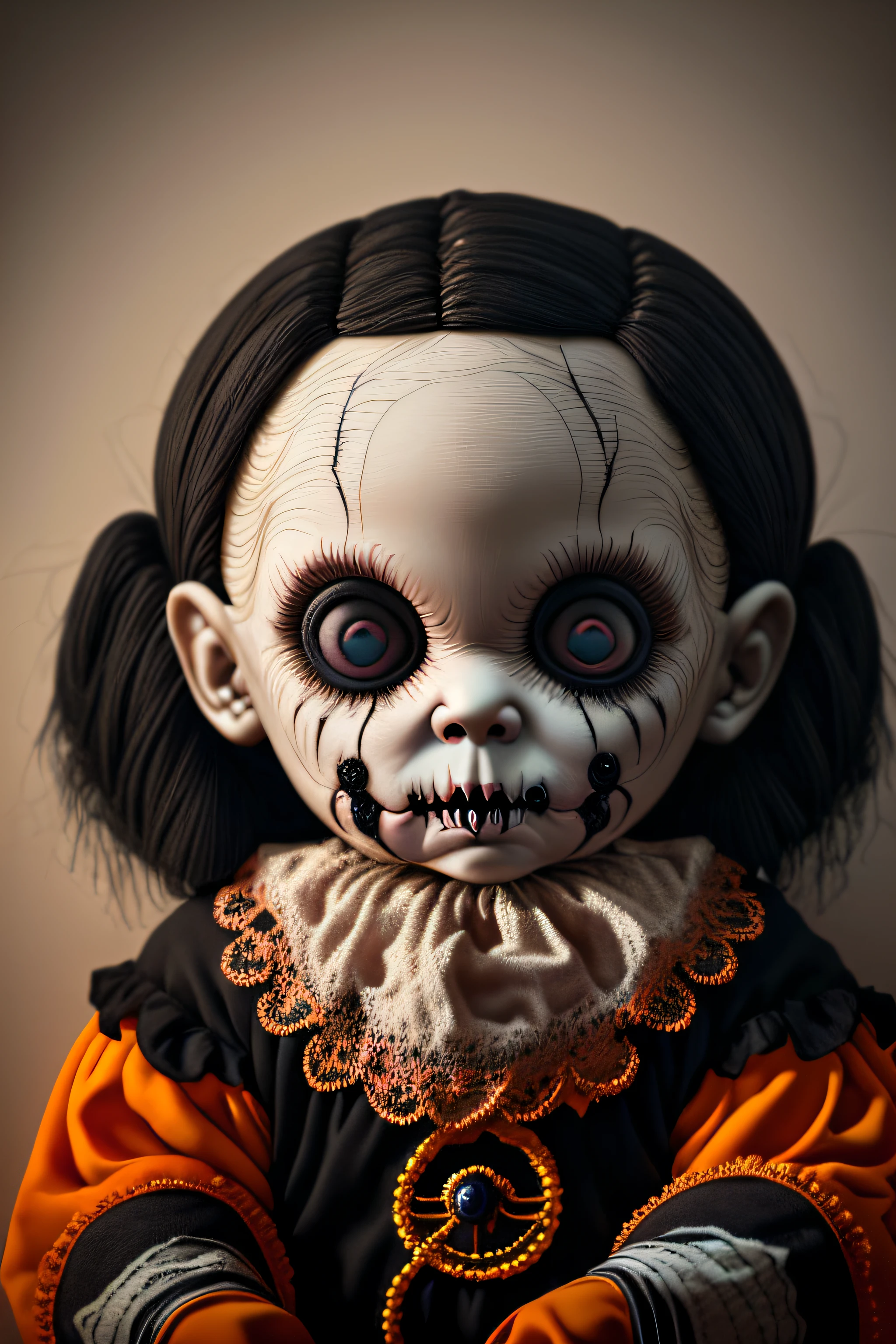 A realistic, scary and disturbing Halloween doll with spooky pitch-black eyes and drool on the mouth