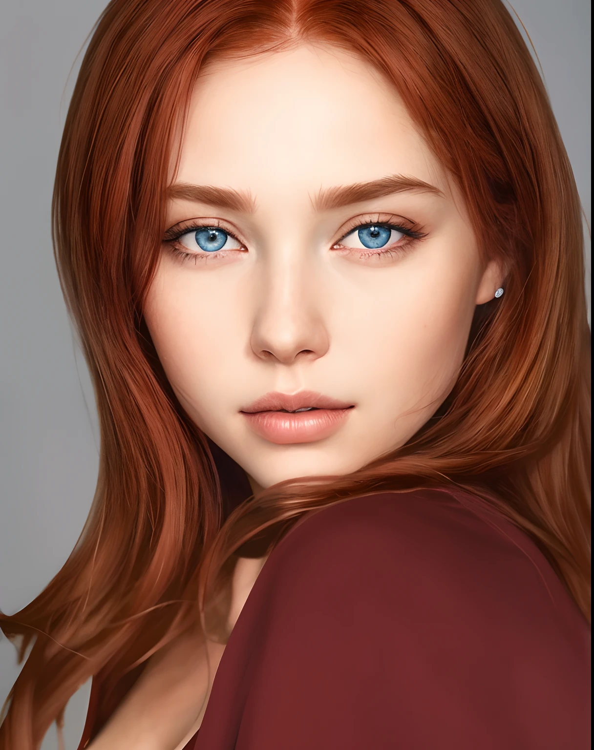 a close up of a woman with long red hair and blue eyes, realistic digital painting, photorealistic beautiful face, photorealistic digital painting, ultra realistic digital painting, high quality portrait, realistic digital art, hyperrealistic digital painting, realistic digital drawing, realistic digital illustration, very realistic digital art, hyper realistic digital painting, color portrait, realistic portrait photo, digital art portrait