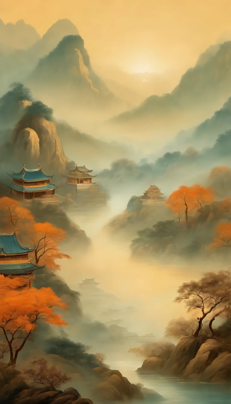 An idyllic Chinese mural, Light orange and light cyan style, Layered landscape, Art in the style of ancient Chinese ink painting, monumental murals, Ricoh FF-9D, Golden Age aesthetics, Exotic landscape