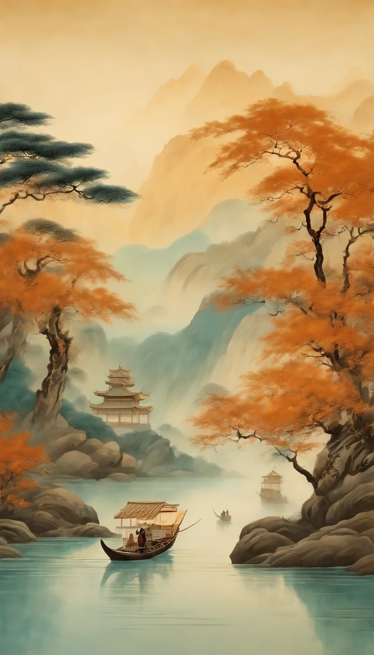 An idyllic Chinese mural, Light orange and light gray style, Layered landscape, japanese style art, monumental murals, Ricoh FF-9D, Golden Age aesthetics, Exotic landscape