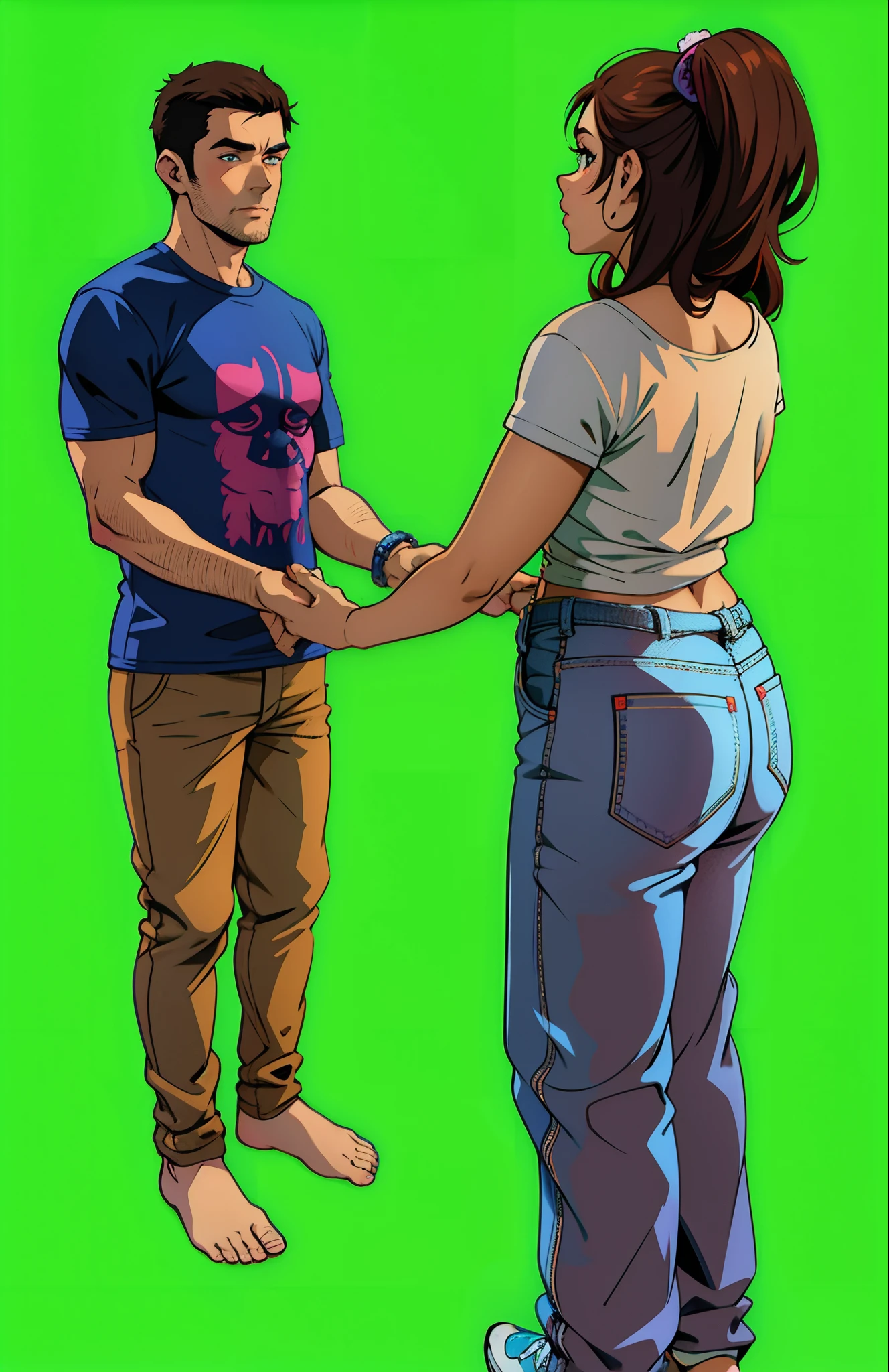turn this cute couple to cartoon style, handsome man with skinny girl , girl with pinky t-shirt