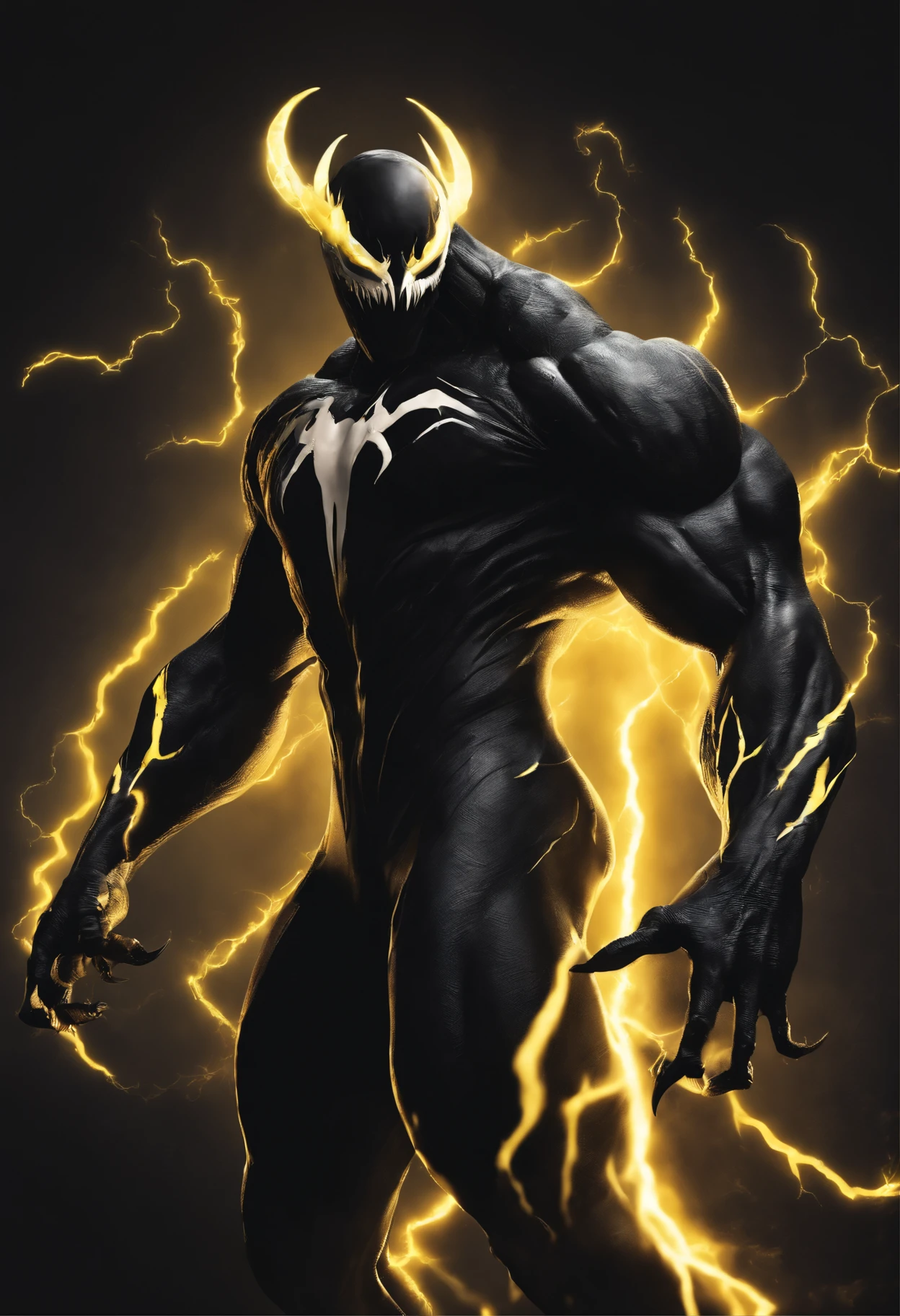 Venom-style monster with black and white costume and yellow lightning bolts on arm