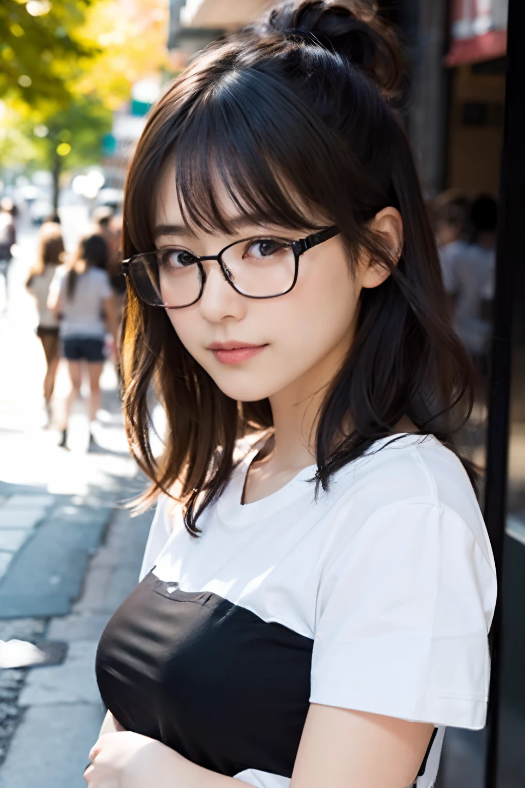 (8K、Raw photography、top-quality、masterpiece:1.2)、(realisitic、Photorealsitic:1.37)、ultra-detailliert、超A high resolution、 1 人、29yo、see the beholder、beautifull detailed face、Smile、Constriction、(Slim waist) :1.3)、Beautiful detailed skin、Skin Texture、well-shaped breasts、Floating hair、Hair bunched into one、(tshirts:1.4)、Professional Lighting、Autumn afternoon、In the street、(((Black square glasses )))、Whole human body、Black hair、((Shameful appearance))、