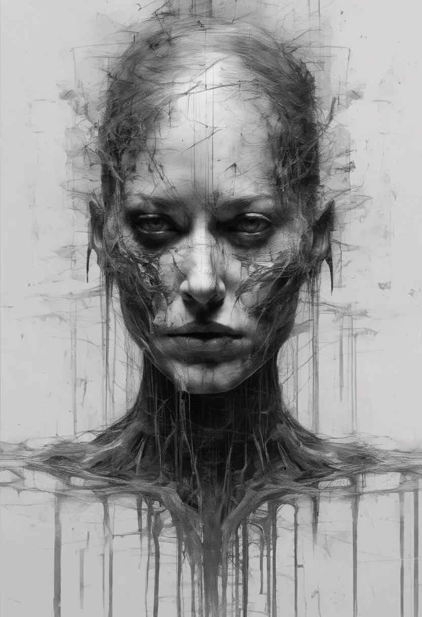 Perfect centralization, coelho (franco)de Donnie, Standing position, beleza abstrata, Centrado, looking at the camera, Facing the camera, nearing perfection, triste, desespero, corpo inteiro, hands on her head, Dynamic, altamente detalhado, liso, foco nítido, 8k, high-definition resolution, illustration, arte de Carne Griffiths e Wadim Kashin, fundo branco