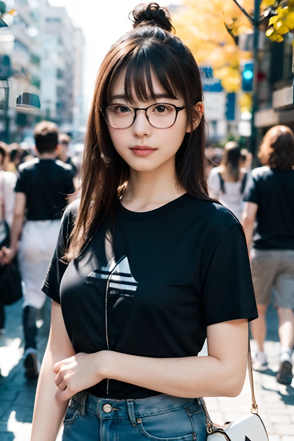 (8K、Raw photography、top-quality、masterpiece:1.2)、(realisitic、Photorealsitic:1.37)、ultra-detailliert、超A high resolution、 1 人、29yo、see the beholder、beautifull detailed face、Smile、Constriction、(Slim waist) :1.3)、Beautiful detailed skin、Skin Texture、well-shaped breasts、Floating hair、Hair bunched into one、(tshirts:1.4)、Professional Lighting、Autumn afternoon、In the street、(((Black square glasses )))、Whole human body、Black hair、((Shameful appearance))、